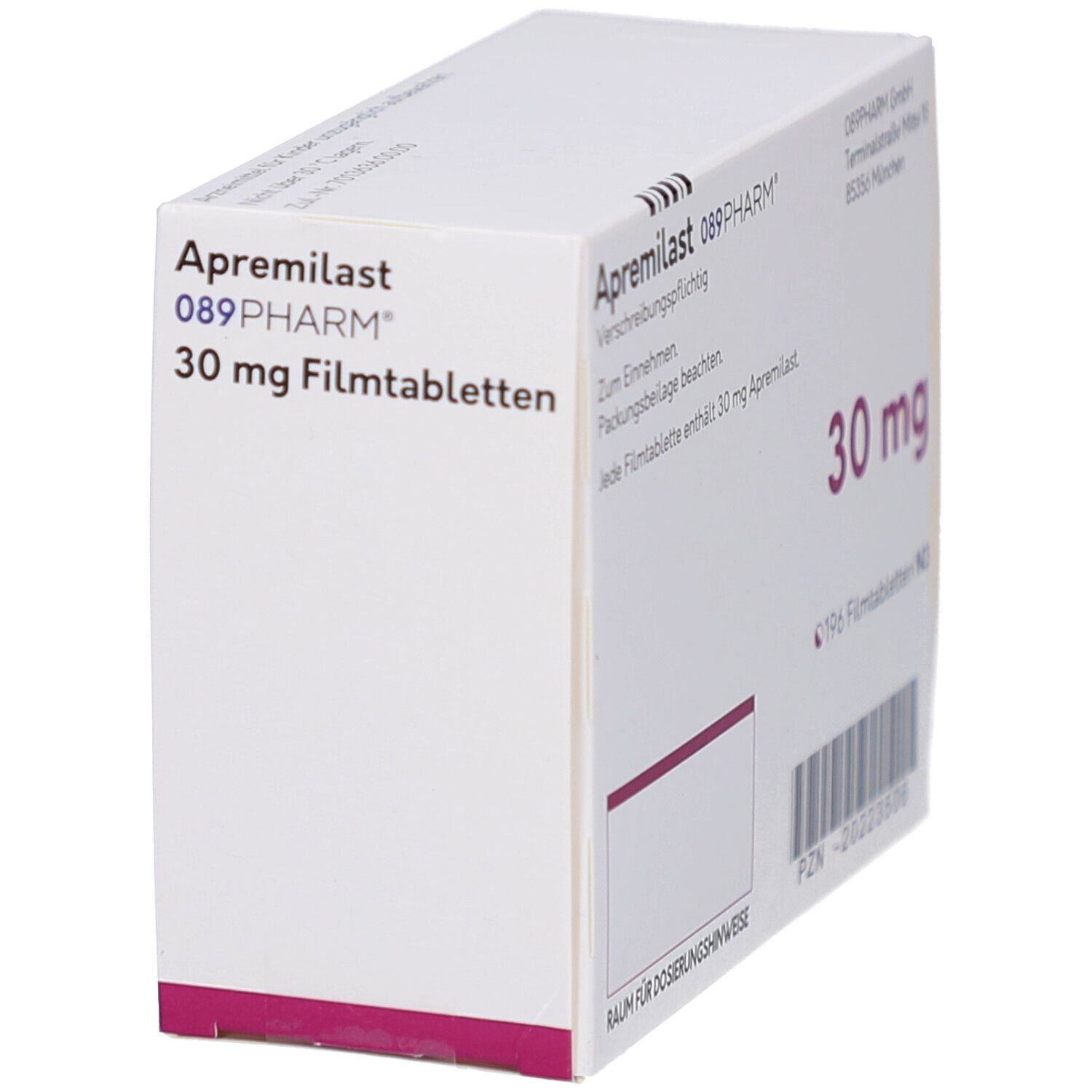 Schachtel APREMILAST 089PHARM 30 mg Filmtabletten. Aufschrift: 30 mg. Weiße Verpackung mit Text. Ansicht von der Seite.
