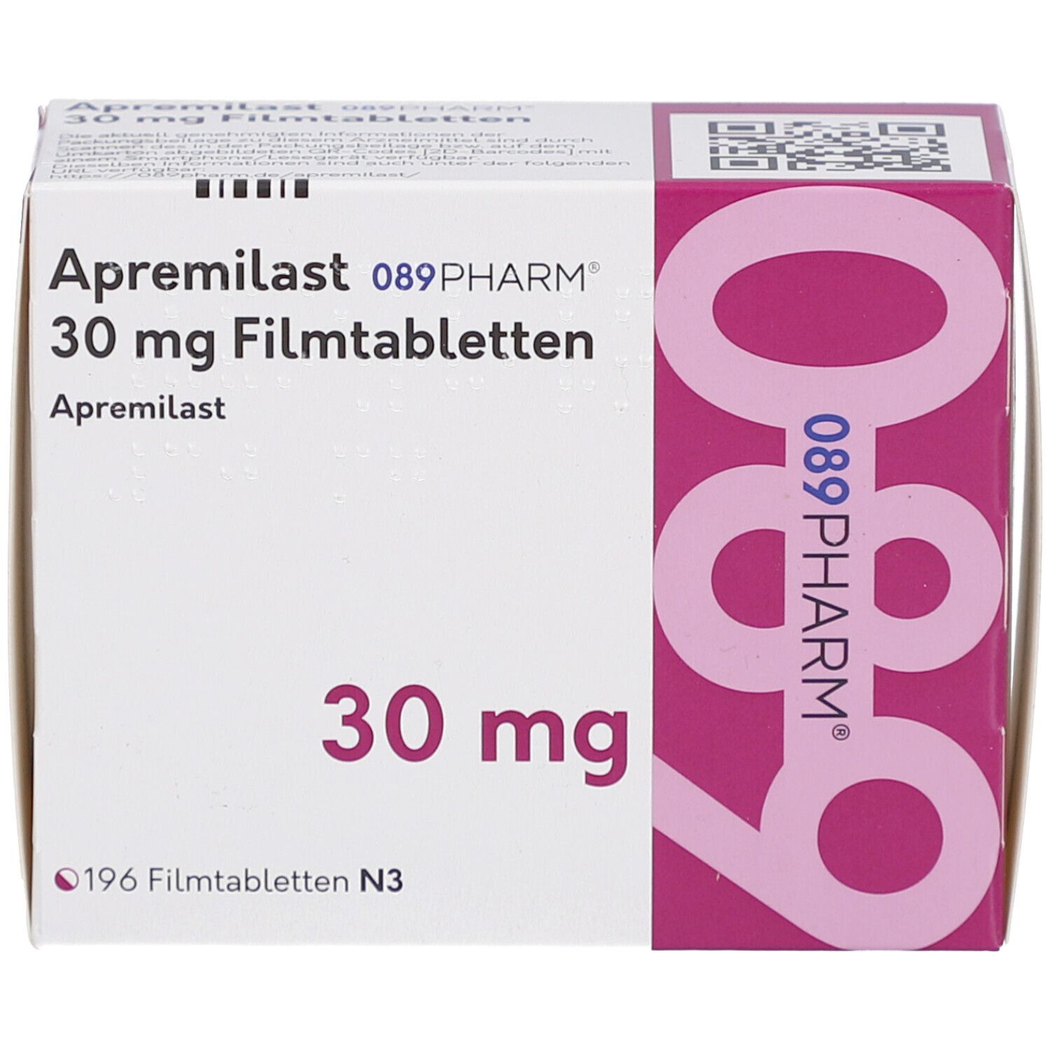 Schachtel APREMILAST 089PHARM 30 mg Filmtabletten. Aufschrift: 30 mg, 196 Filmtabletten N3. Rosa und weiße Verpackung.