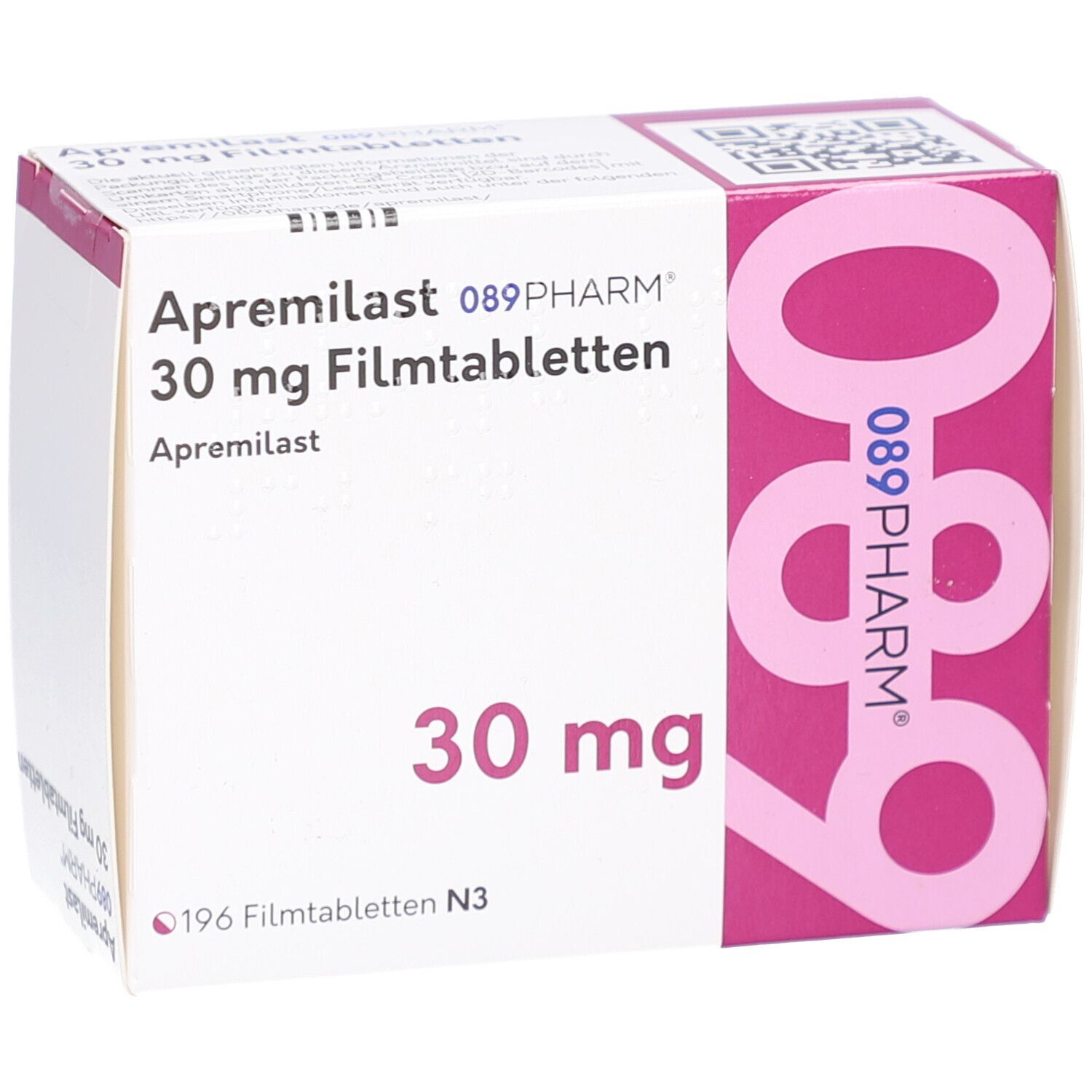 Schachtel APREMILAST 089PHARM 30 mg Filmtabletten. Aufschrift: 30 mg, 196 Filmtabletten N3. Rosa und weiße Verpackung.
