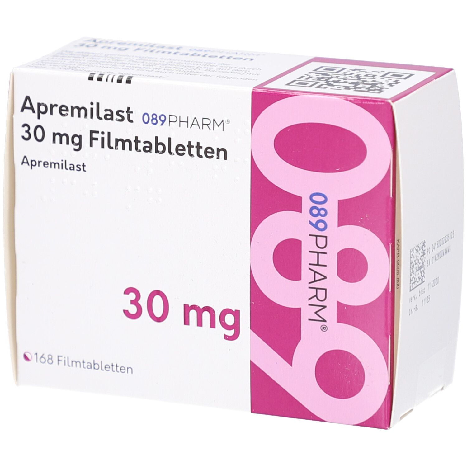 APREMILAST 089PHARM 30 mg Filmtabletten-Packung. Weißer Karton mit rosa Akzenten. Aufschrift: Apremilast, 30 mg, 168 Filmtabletten.