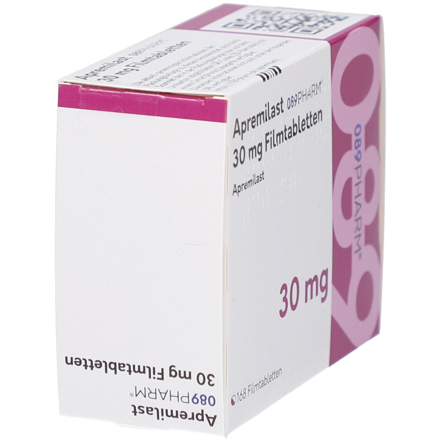 APREMILAST 089PHARM 30 mg Filmtabletten-Packung. Weißer Karton mit rosa Akzenten. Aufschrift: Apremilast, 30 mg, 168 Filmtabletten.