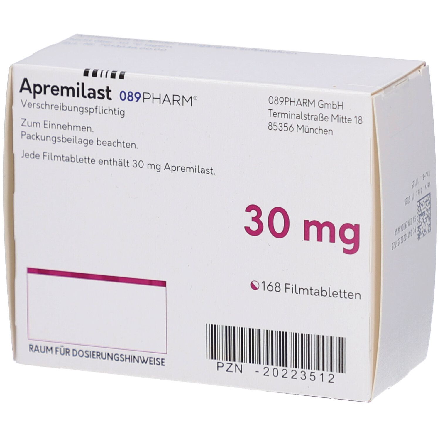 APREMILAST 089PHARM 30 mg Filmtabletten-Packung. Weißer Karton. Aufschrift: Apremilast, 30 mg, 168 Filmtabletten. Barcode und Adresse.