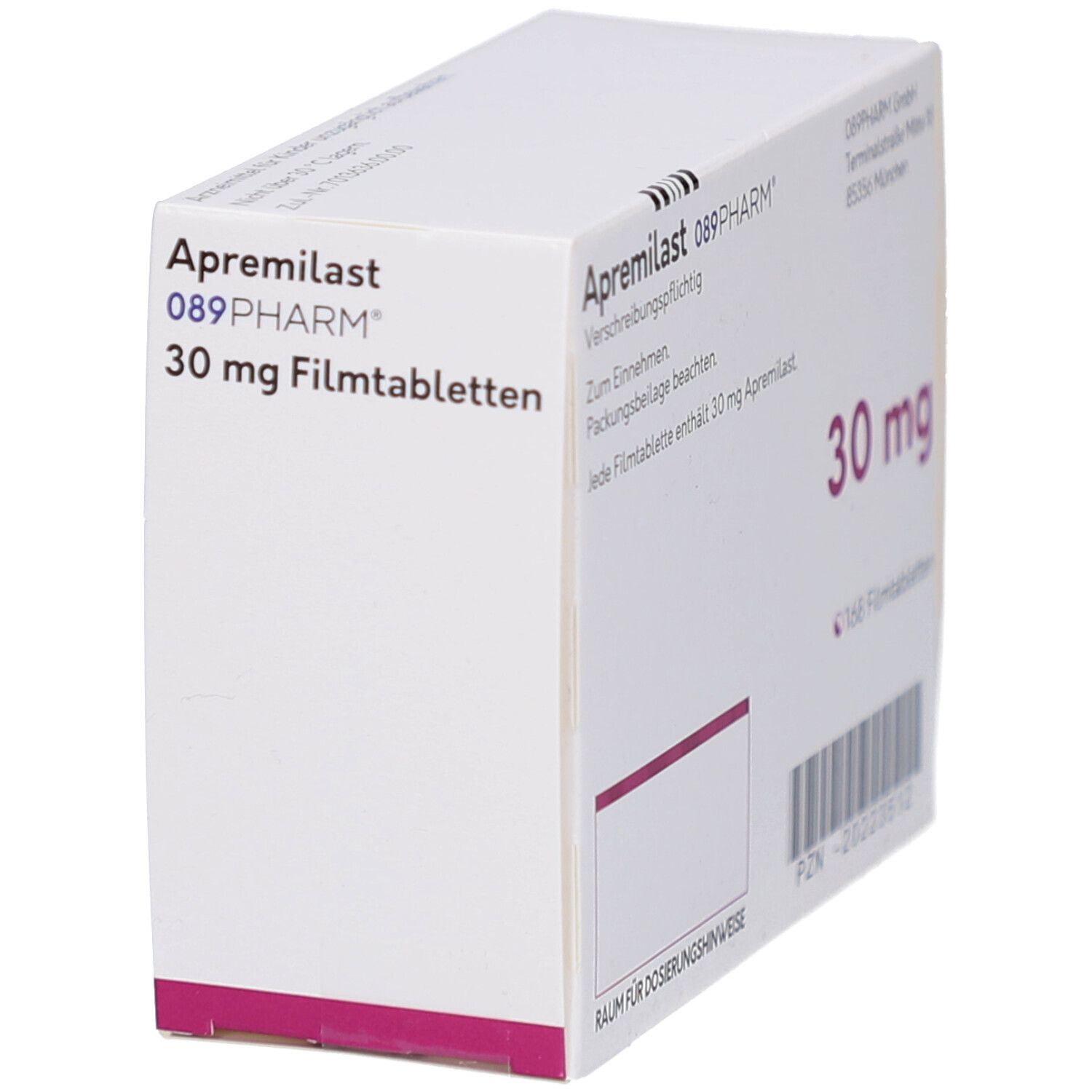 APREMILAST 089PHARM 30 mg Filmtabletten-Packung. Weißer Karton. Aufschrift: Apremilast, 30 mg, 168 Filmtabletten. Barcode und Adresse.