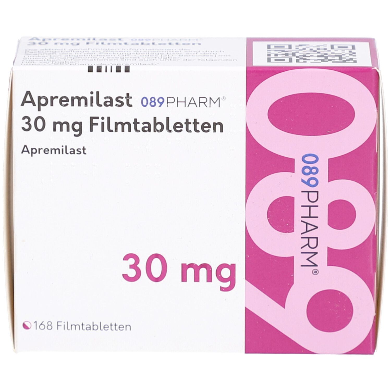 APREMILAST 089PHARM 30 mg Filmtabletten-Packung. Weißer Karton mit rosa Akzenten. Aufschrift: Apremilast, 30 mg, 168 Filmtabletten.