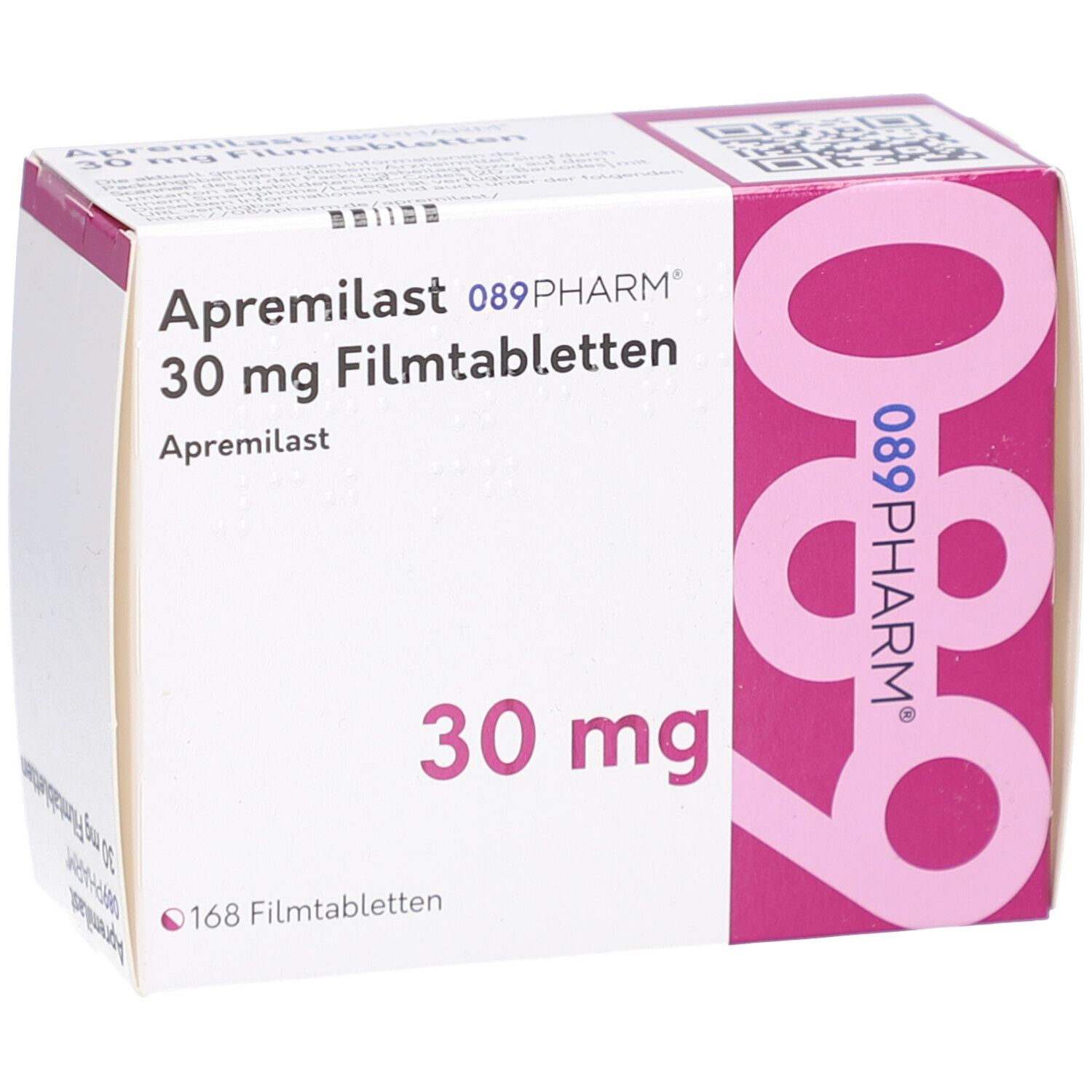 APREMILAST 089PHARM 30 mg Filmtabletten-Packung. Weißer Karton mit rosa Akzenten. Aufschrift: Apremilast, 30 mg, 168 Filmtabletten.