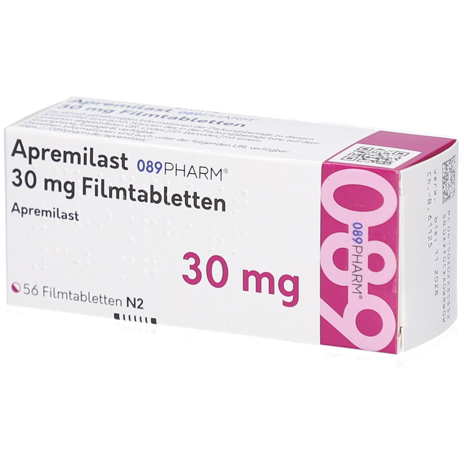 Schachtel mit APREMILAST 089PHARM 30 mg Filmtabletten. Aufschrift: 30 mg, 56 Filmtabletten N2. Rosa Akzent.