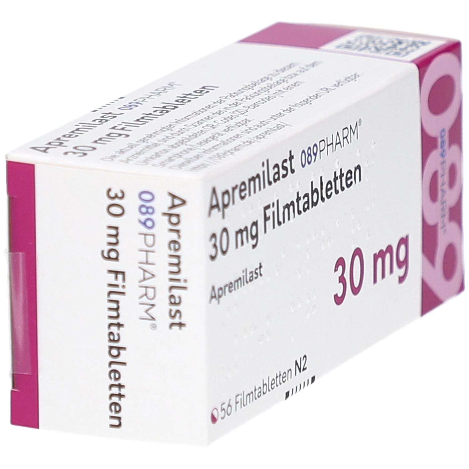 Schachtel APREMILAST 089PHARM 30 mg Filmtabletten. Aufschrift: 30 mg, 56 Filmtabletten N2. Rosa Akzent. Perspektivische Ansicht.