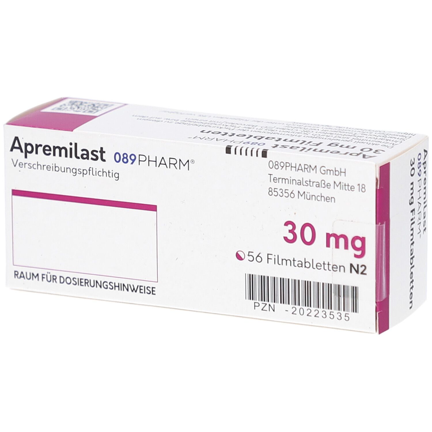 Schachtel APREMILAST 089PHARM 30 mg Filmtabletten. Aufschrift: 30 mg, 56 Filmtabletten N2. Rosa Akzent. Rückseite mit Text.