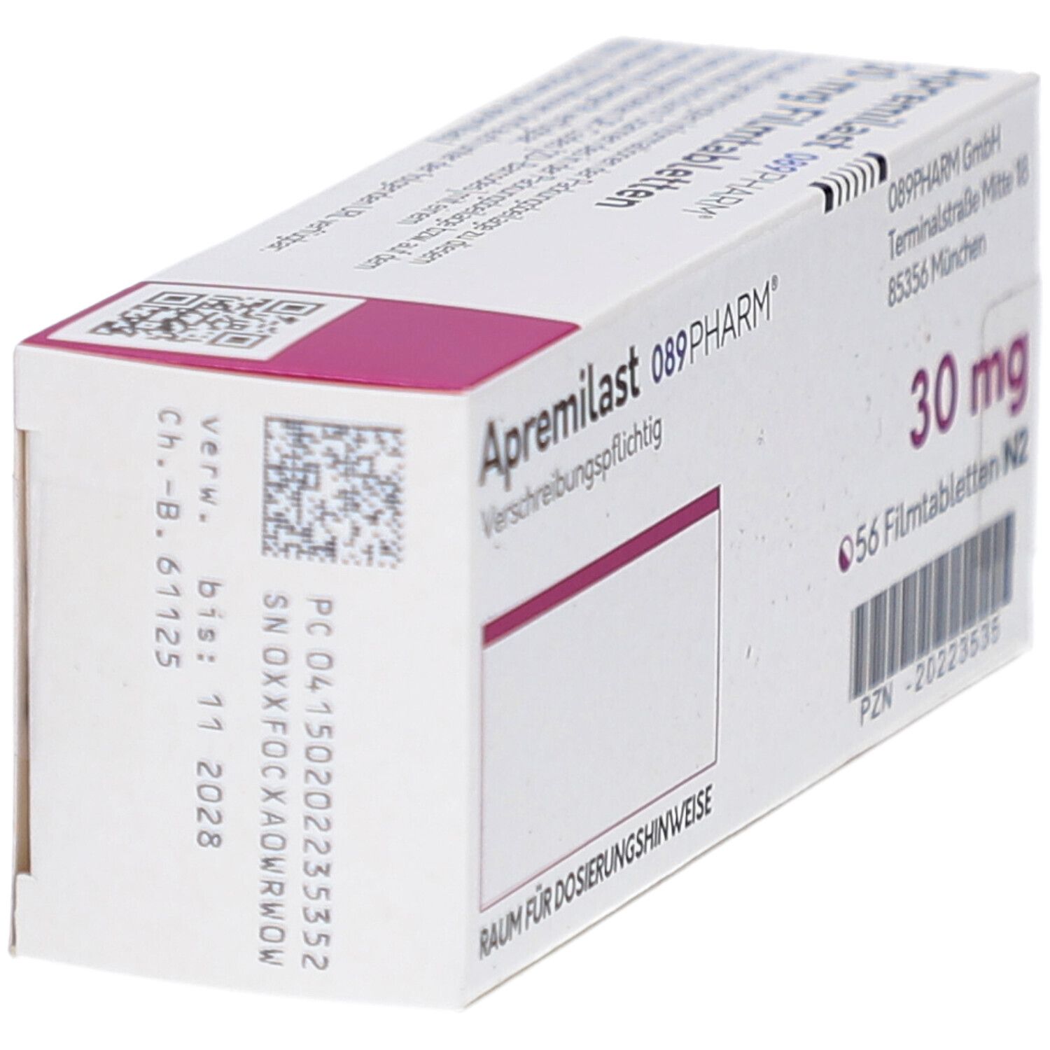 Schachtel APREMILAST 089PHARM 30 mg Filmtabletten. Aufschrift: 30 mg, 56 Filmtabletten N2. Rosa Akzent. Detailansicht.