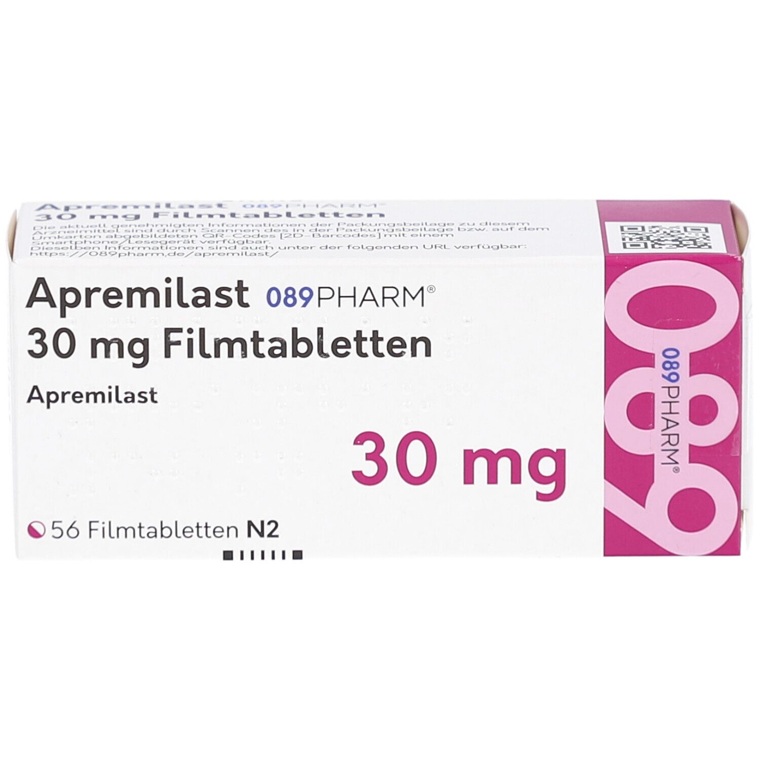 Schachtel APREMILAST 089PHARM 30 mg Filmtabletten. Aufschrift: 30 mg, 56 Filmtabletten N2. Rosa Akzent. Draufsicht.