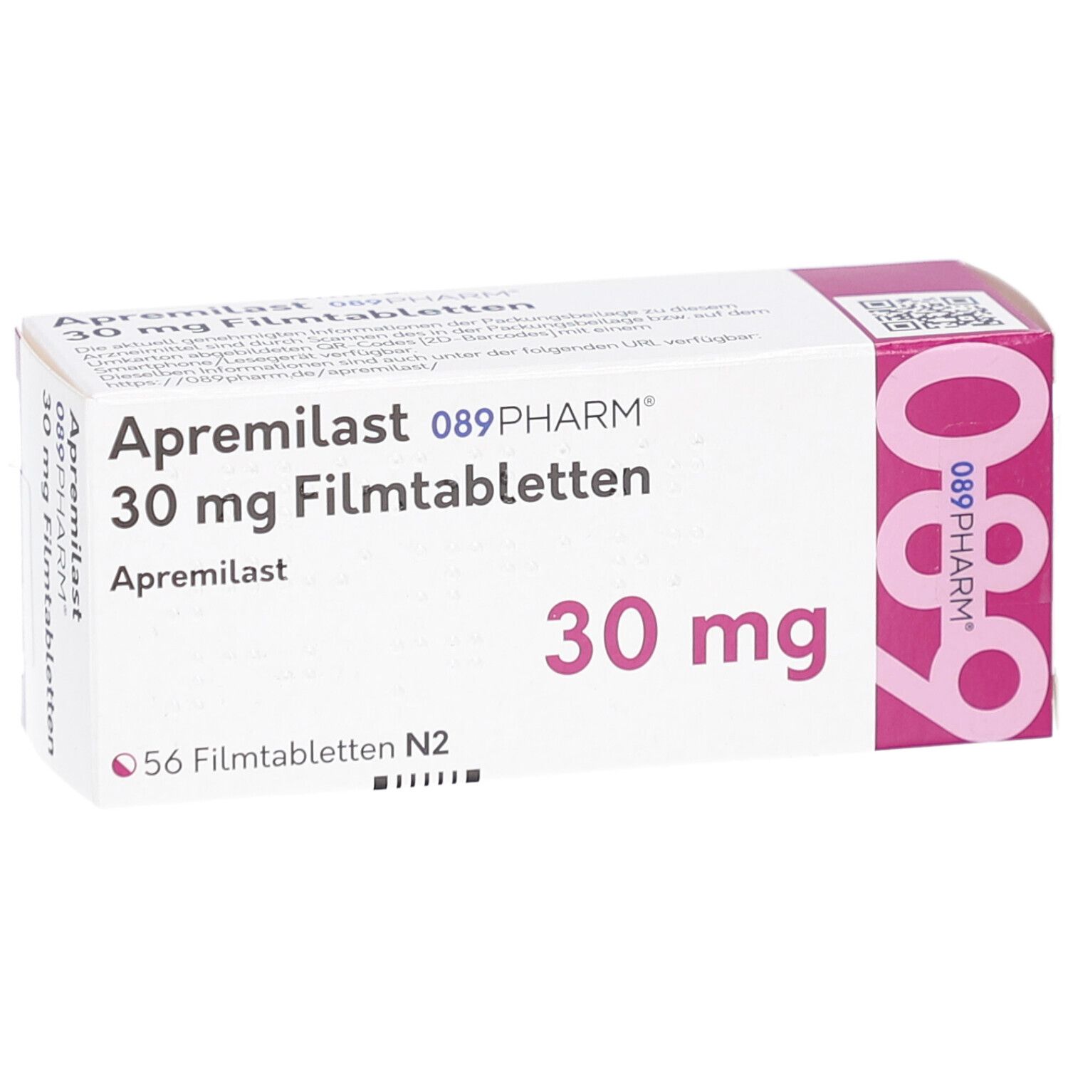 Schachtel APREMILAST 089PHARM 30 mg Filmtabletten. Aufschrift: 30 mg, 56 Filmtabletten N2. Rosa Akzent. Nahaufnahme.