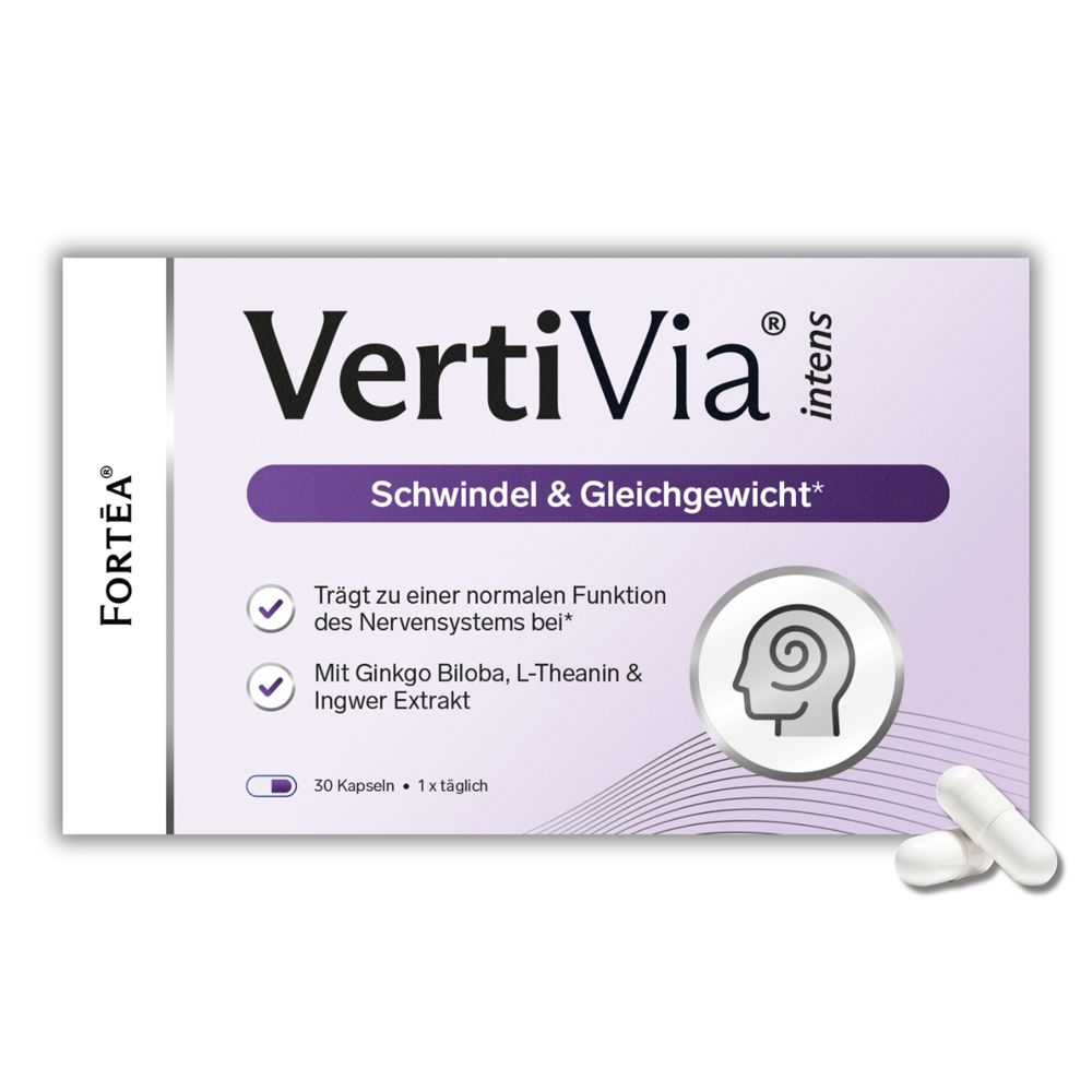Verpackung von FORTEA VertiVia intens Schwindel & Gleichgewicht Kapseln mit Ginkgo Biloba und Ingwer Extrakt.