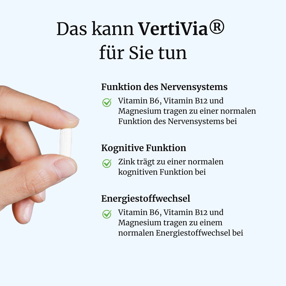 Eine Hand hält eine Kapsel von VertiVia, das die Funktion des Nervensystems, kognitive Funktion und Energiestoffwechsel unterstützt.