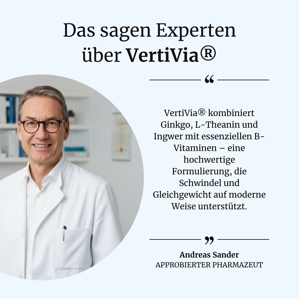 Ein Apotheker spricht über VertiVia, das Ginkgo, L-Theanin und Ingwer mit B-Vitaminen kombiniert zur Unterstützung bei Schwindel.
