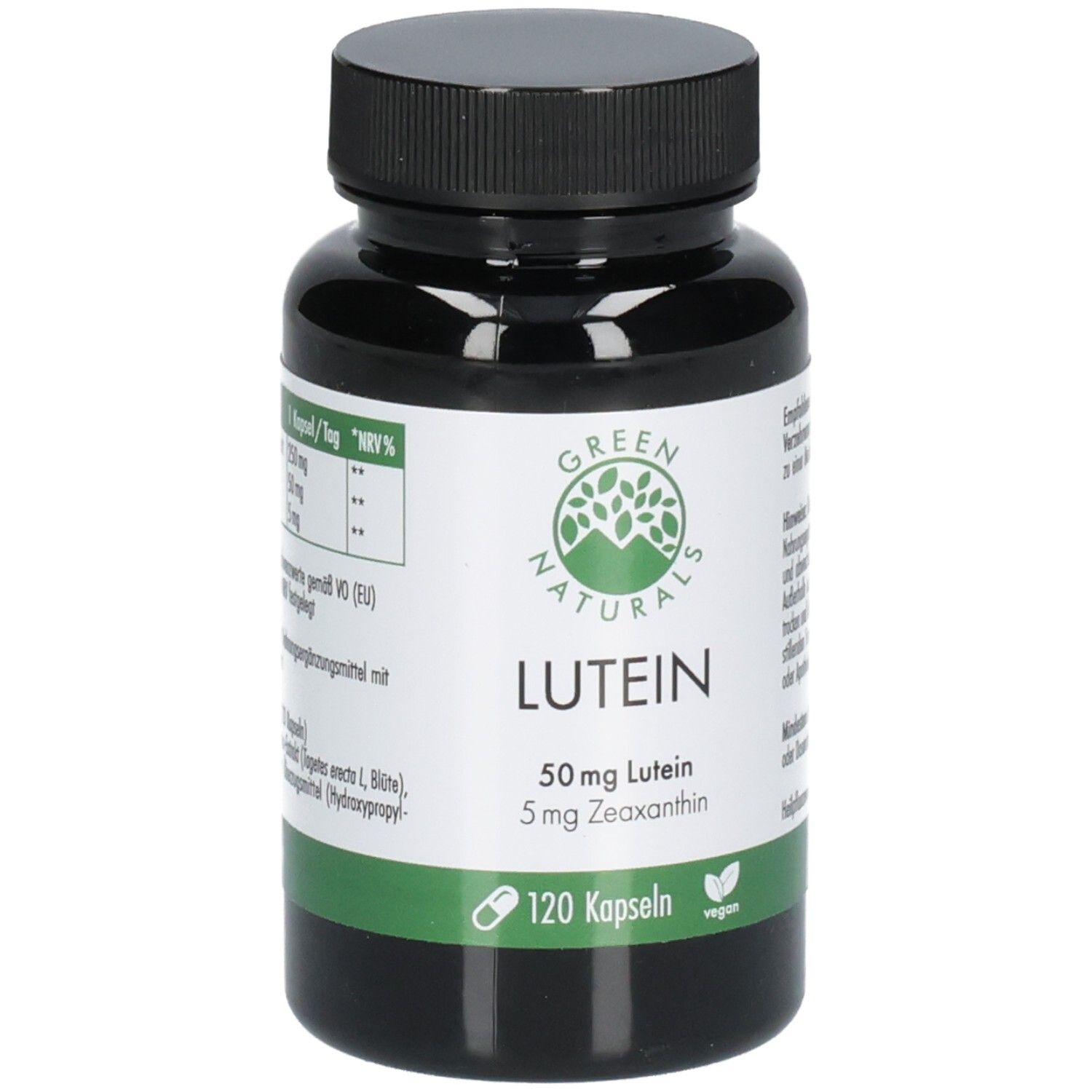 Grüne Flasche mit schwarzem Deckel. Aufschrift: GREEN NATURALS Lutein 50mg + 5mg Zeaxanthin. 120 Kapseln. Vegan.