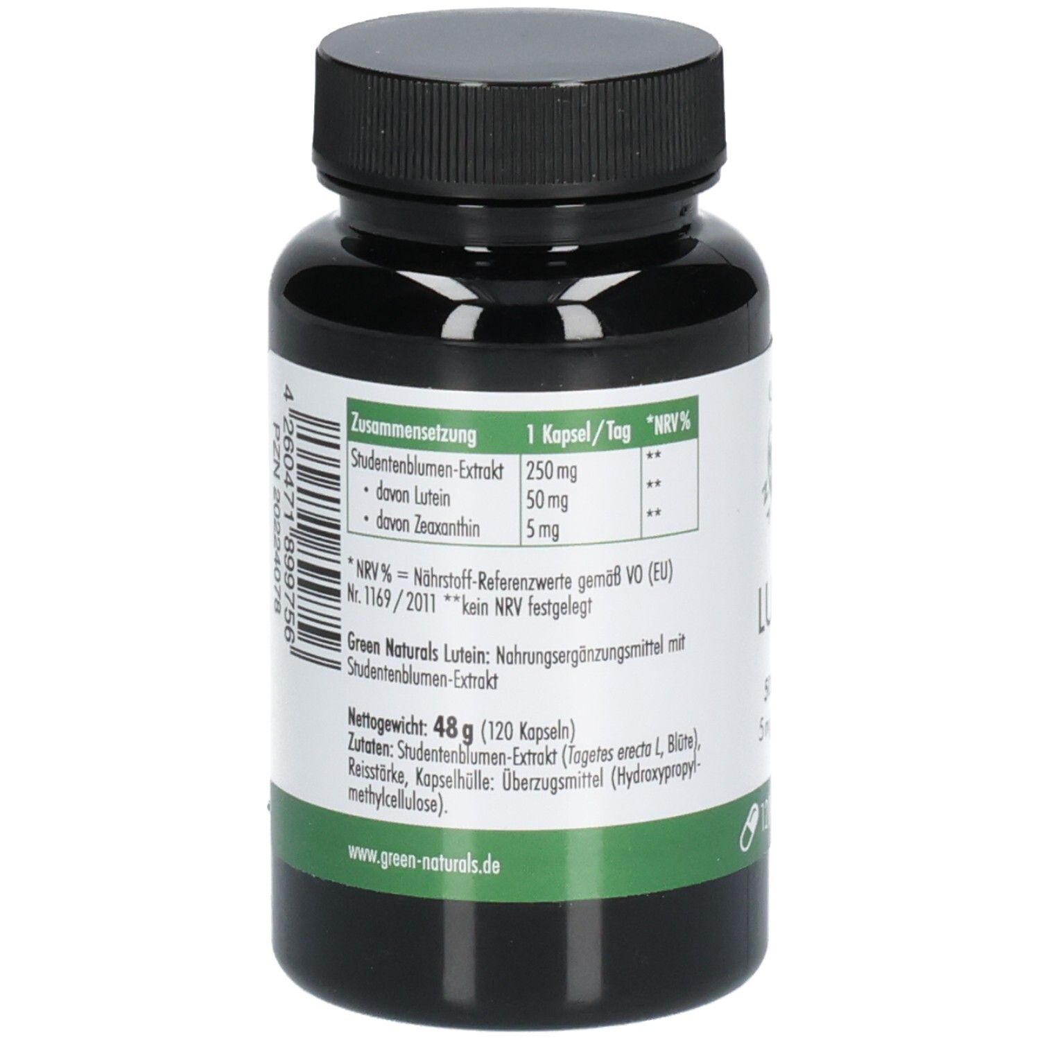 Rückseite der grünen Flasche. Aufschrift: Zusammensetzung, 1 Kapsel/Tag, Nährwertangaben, Green Naturals, 120 Kapseln, vegan.