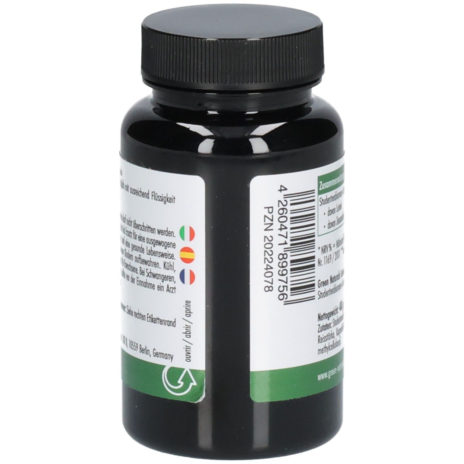 Grüne Flasche mit schwarzem Deckel. Aufschrift: PZN, Chargennummer, Green Naturals, Adresse, Recycling-Symbol.
