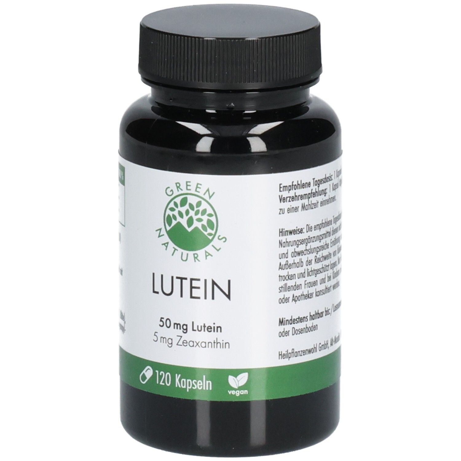 Grüne Flasche mit schwarzem Deckel. Aufschrift: GREEN NATURALS Lutein 50mg + 5mg Zeaxanthin. 120 Kapseln. Vegan.