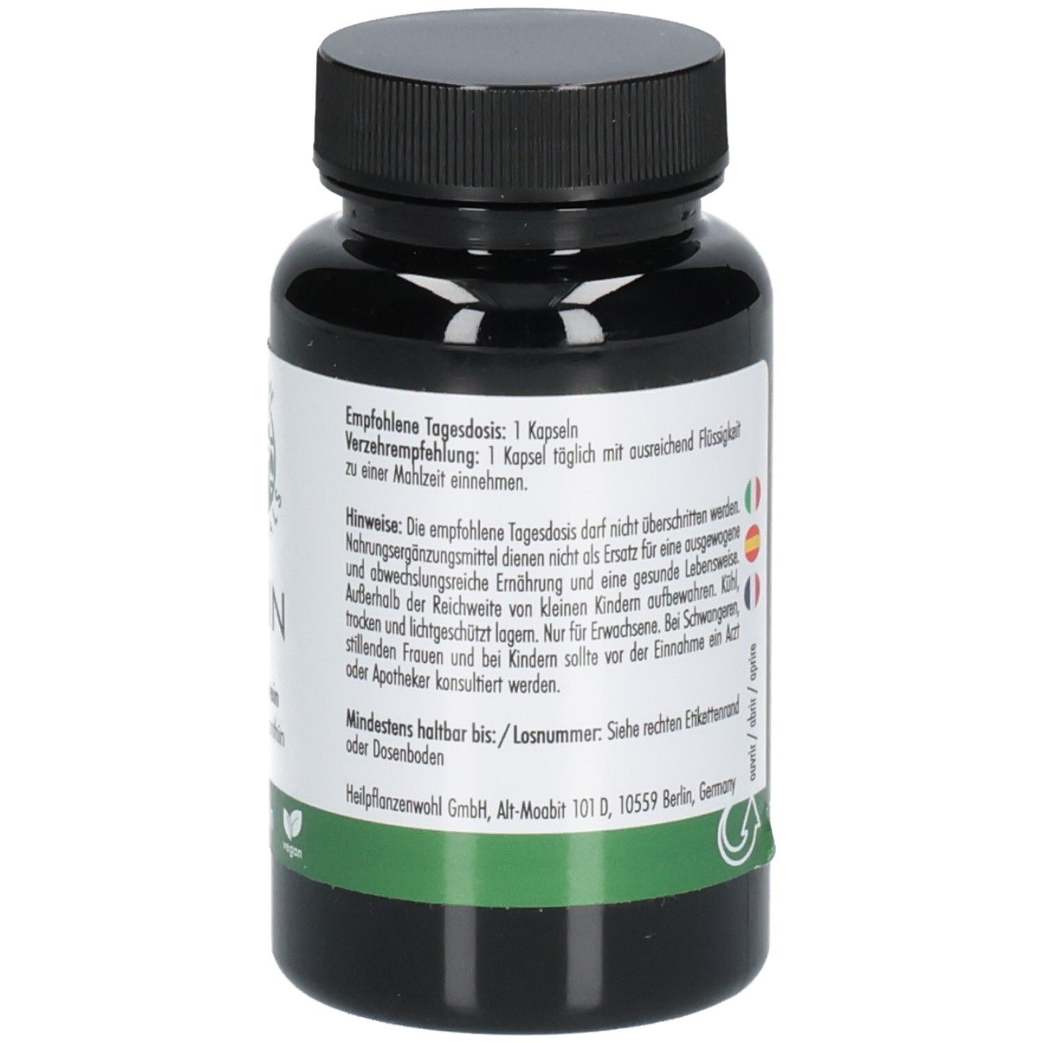 Rückseite der grünen Flasche. Aufschrift: Empfohlene Tagesdosis, Hinweise, Green Naturals, vegan.