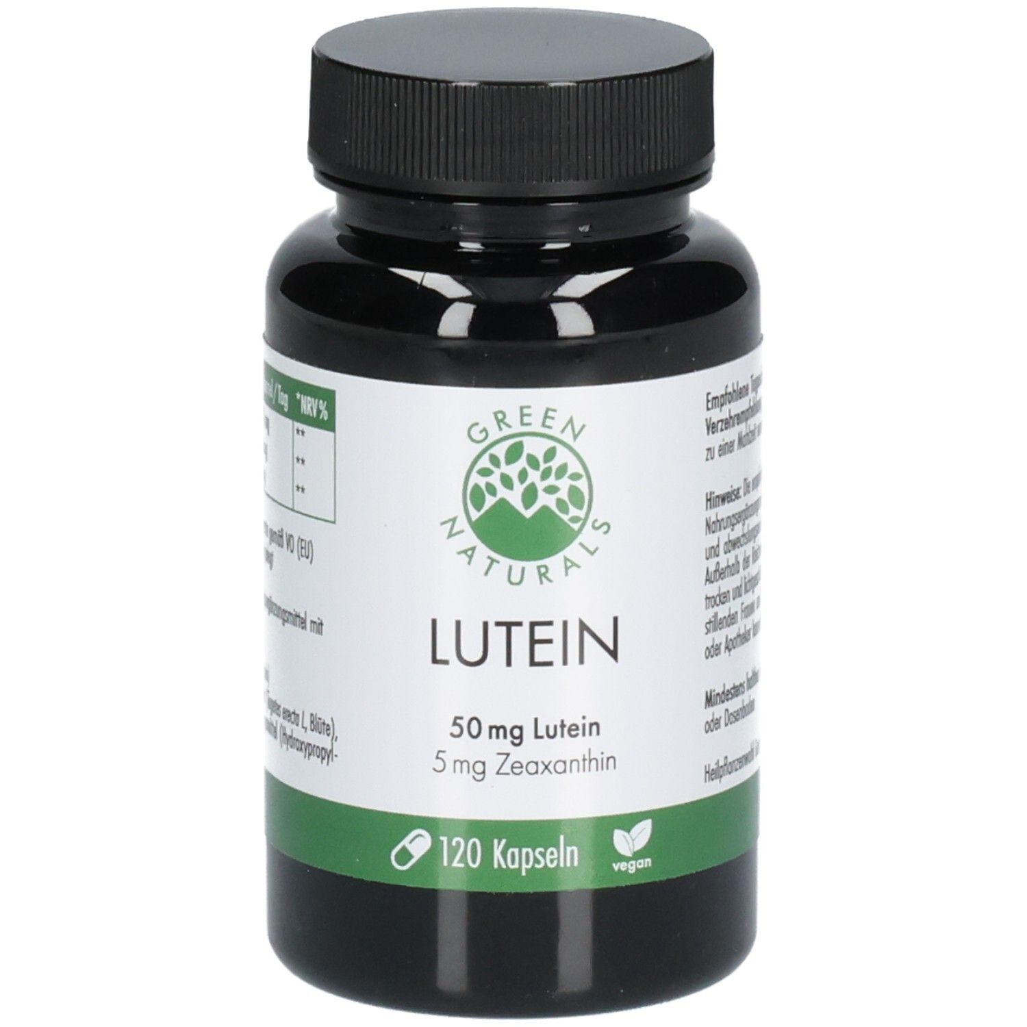 Grüne Flasche mit schwarzem Deckel. Aufschrift: GREEN NATURALS Lutein 50mg + 5mg Zeaxanthin. 120 Kapseln. Vegan.