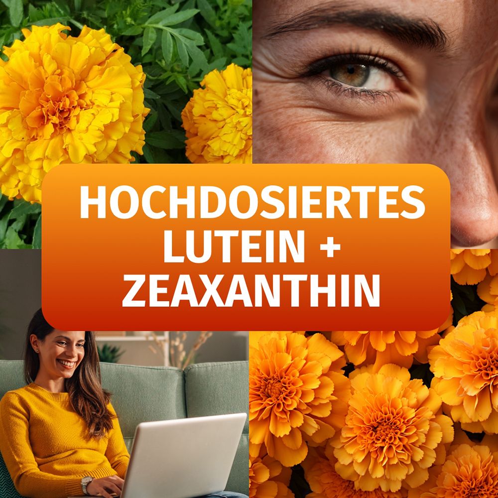 Kollage: Lutein + Zeaxanthin, Augen, Frau mit Laptop, Ringelblumen.