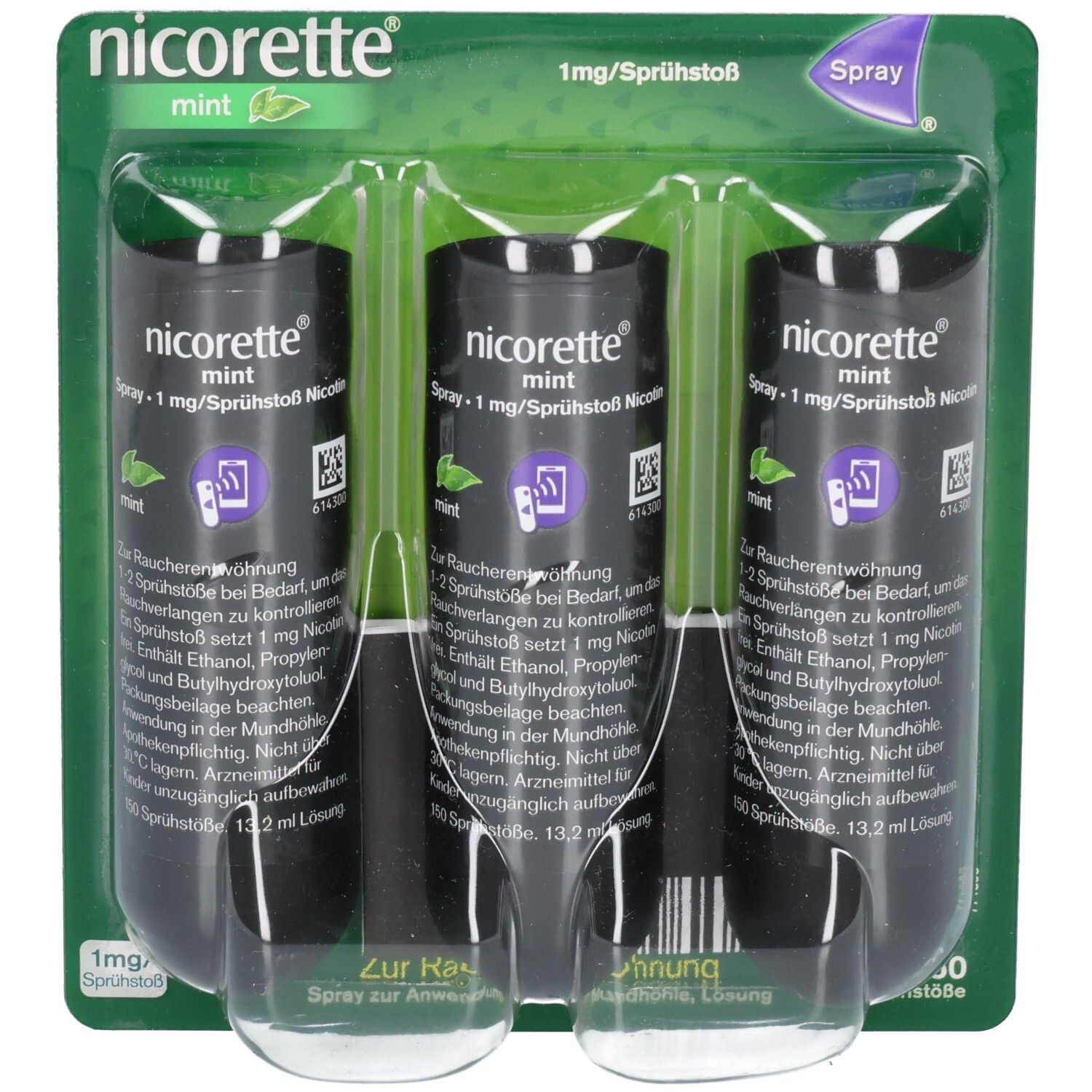 Packung mit drei NICORETTE Mint Spray-Flaschen und Applikatoren. Grüne Verpackung, Produktname und Dosierung deutlich sichtbar.