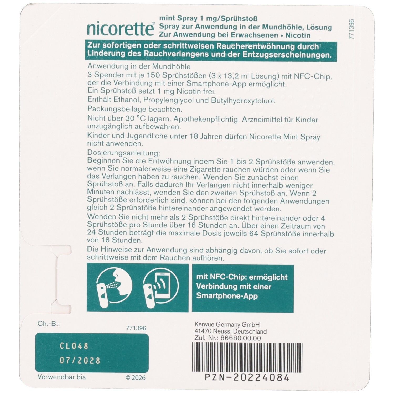 Rückseite der NICORETTE Mint Spray-Verpackung. Enthält Text, QR-Code und Informationen zur Anwendung und Inhaltsstoffen.