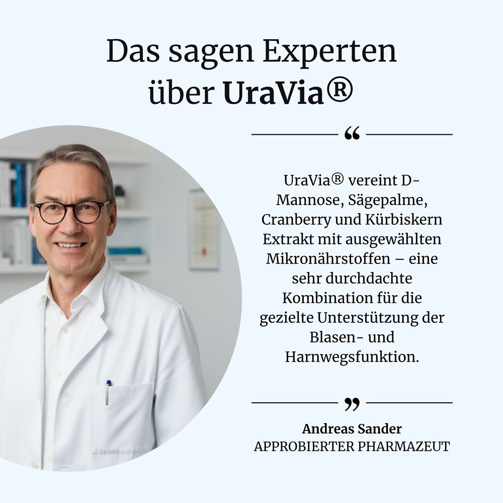 Ein Apotheker spricht über UraVia® intens. Text zitiert Andreas Sander zur Kombination für Blase und Harnwege.