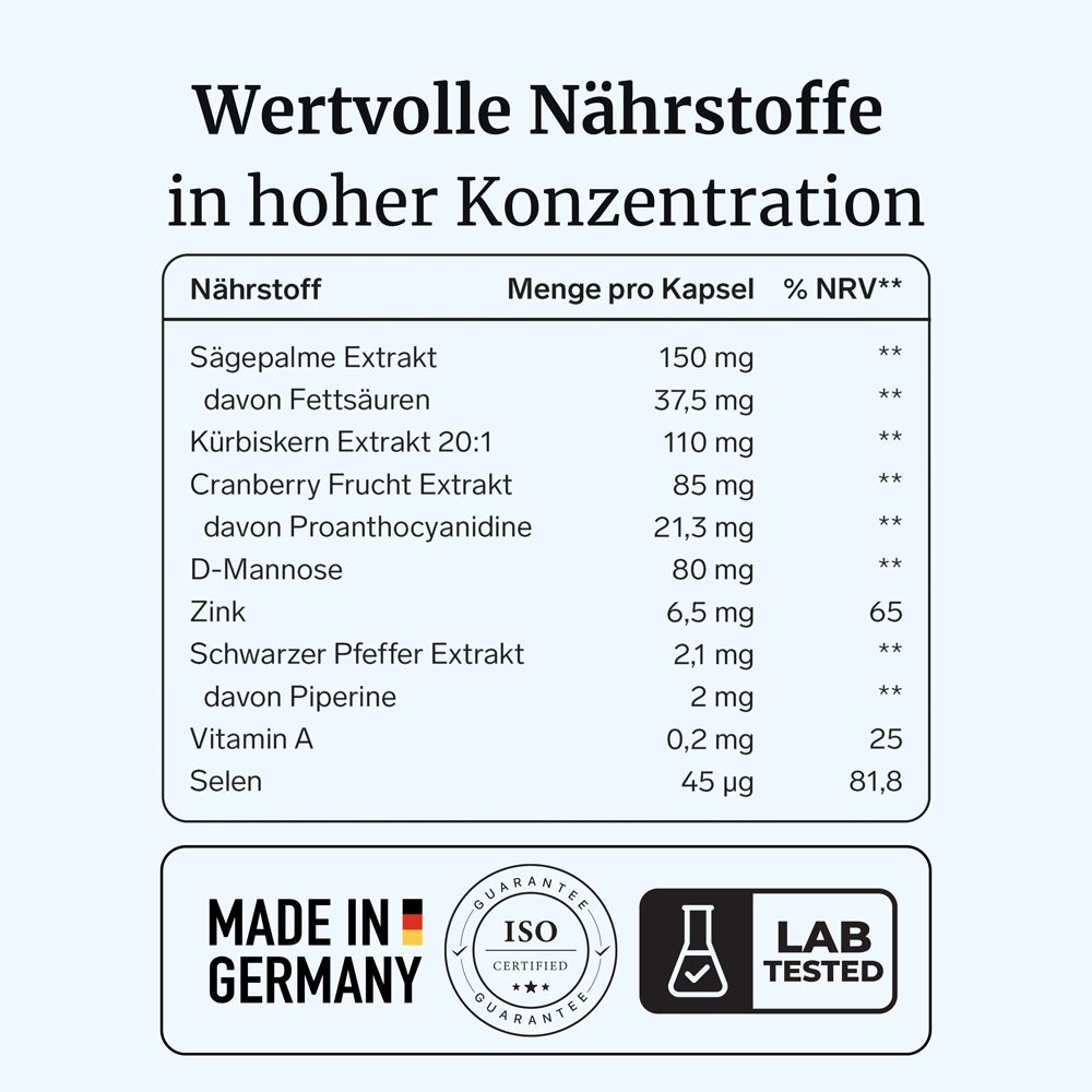 Rückseite der FORTEA® UraVia® intens Verpackung mit Nährwertangaben und Siegeln 'Made in Germany', 'ISO Certified', 'Lab Tested'.