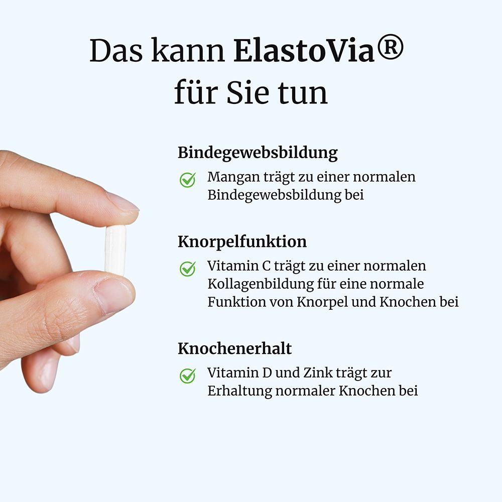 Hand hält eine Kapsel neben Text über Bindegewebe, Knorpel und Knochen.