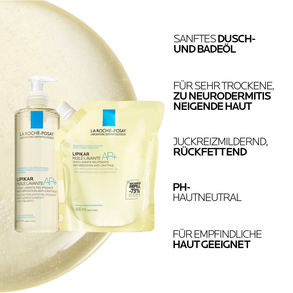 La Roche-Posay Lipikar Dusch- und Badeöl AP+ und Nachfüllpackung. Text: Sanftes Dusch- und Badeöl, für sehr trockene, zu Neurodermitis neigende Haut.