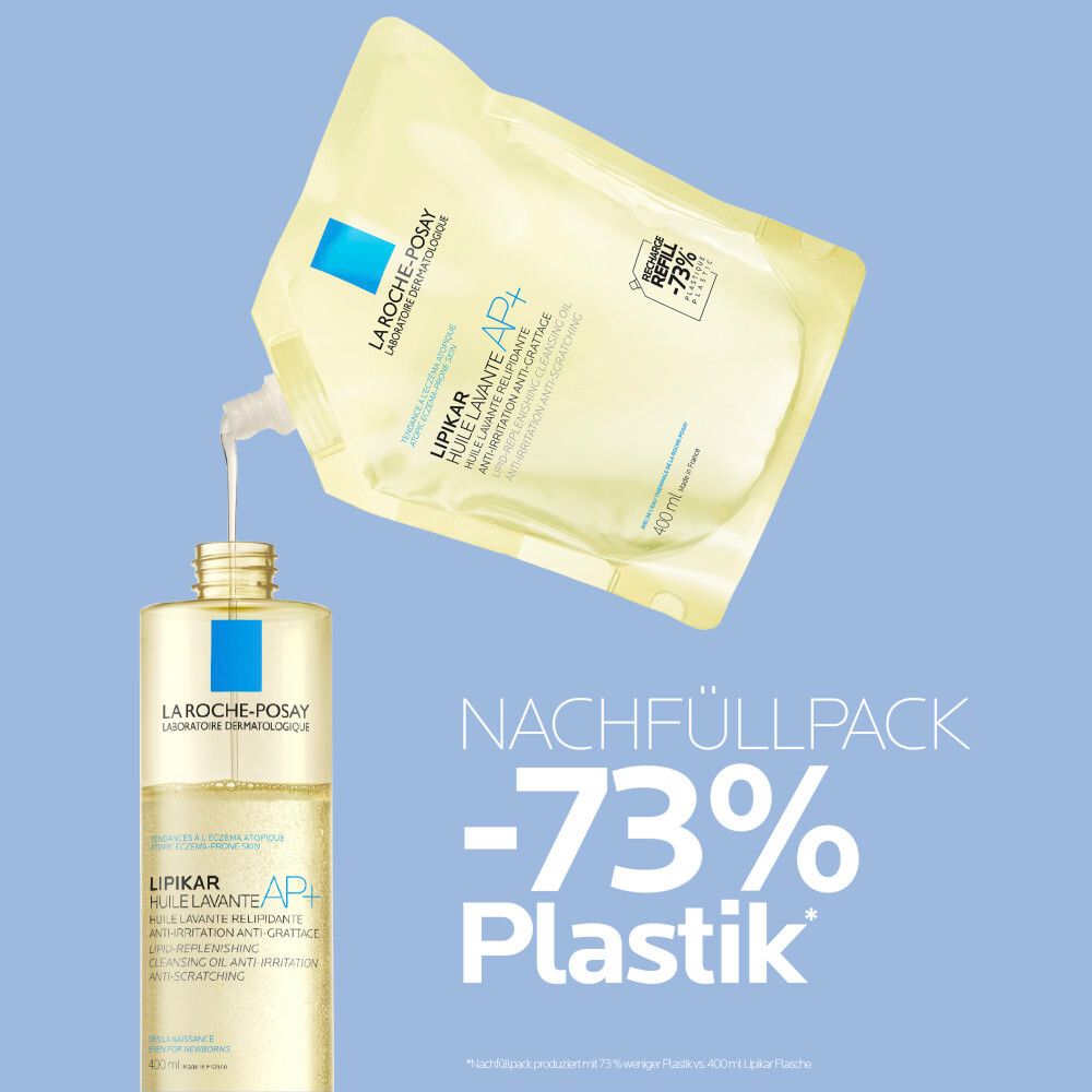 Nachfüllpackung La Roche-Posay Lipikar Dusch- und Badeöl AP+. Nachfüllpackung, -73% Plastik. Produkt wird in Flasche gefüllt.