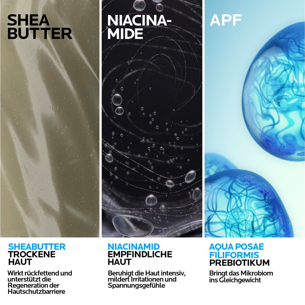 Drei Bilder mit Inhaltsstoffen: Sheabutter, Niacinamid, Aqua Posae Filiformis Prebiotikum. Beschreibungen der Inhaltsstoffe.