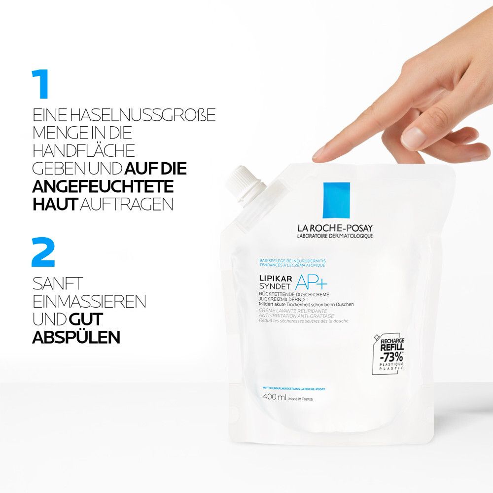 Anwendung: 1. Haselnussgroße Menge auftragen. 2. Sanft einmassieren und abspülen. La Roche-Posay Lipikar Syndet AP+.