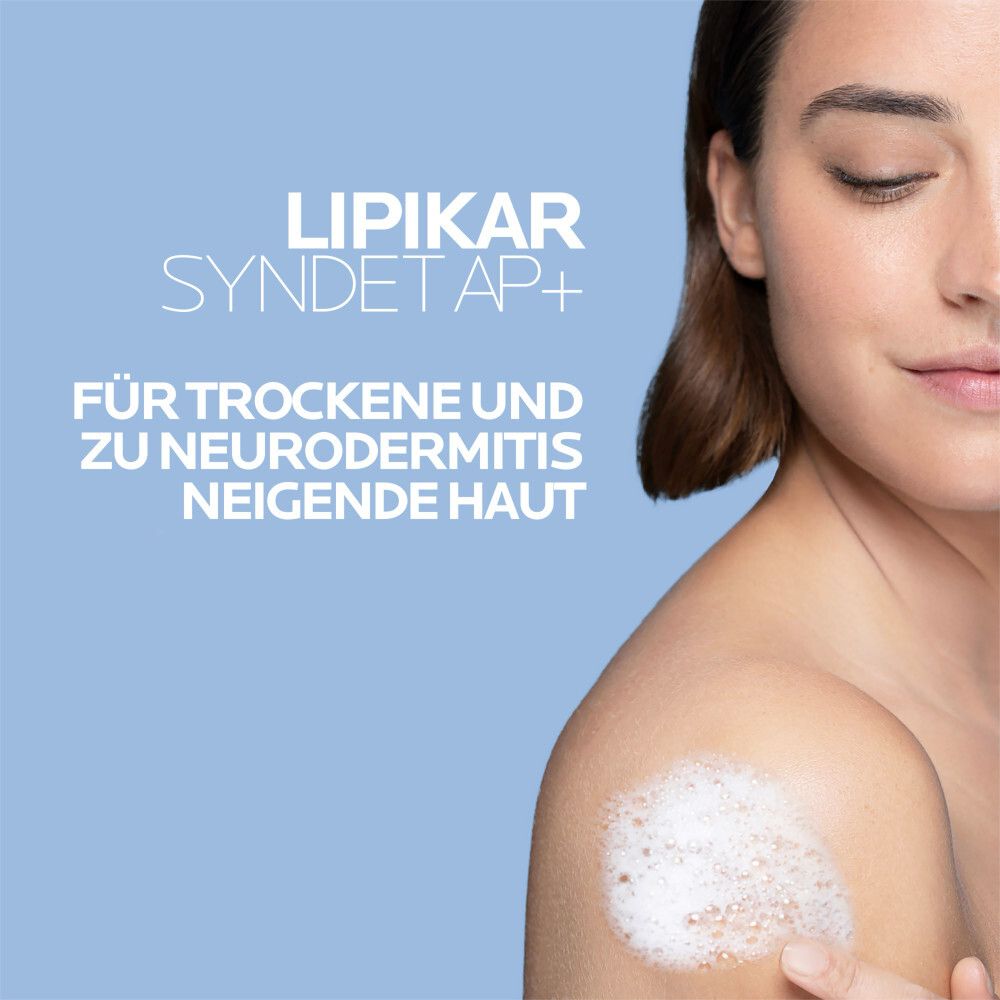 Haut mit Schaum. Text: Für trockene und zu Neurodermitis neigende Haut. La Roche-Posay Lipikar Syndet AP+.