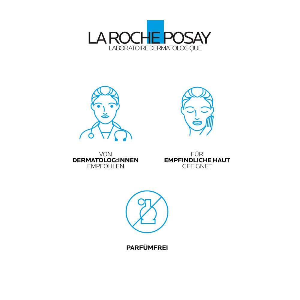 La Roche-Posay Logo. Text: Von Dermatolog:innen empfohlen, für empfindliche Haut geeignet, parfümfrei.