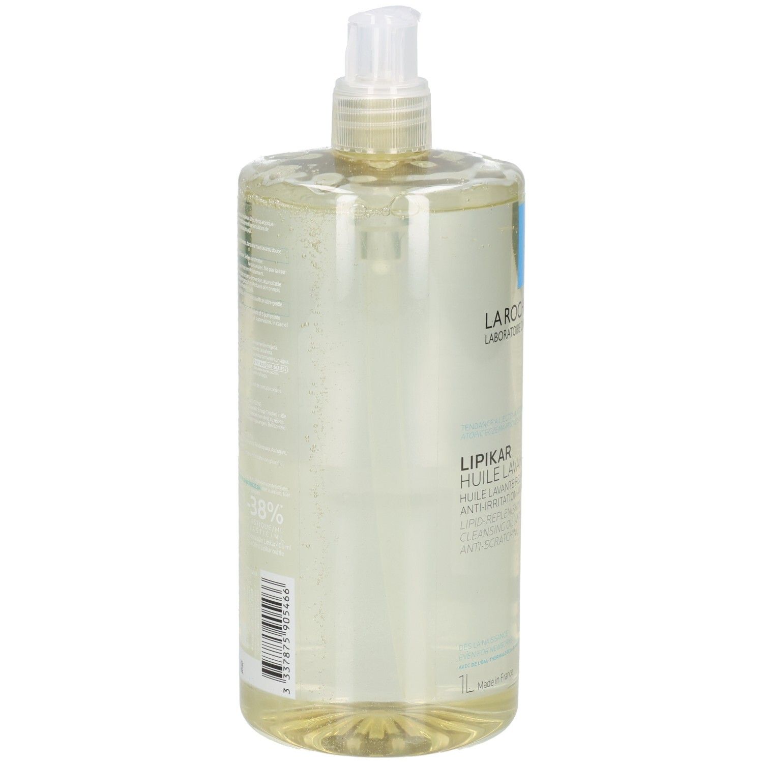 Transparente Flasche mit Pumpe. Aufschrift: LA ROCHE-POSAY, LIPIKAR, HUILE LAVANTE AP+. Mit Barcode und 1L.