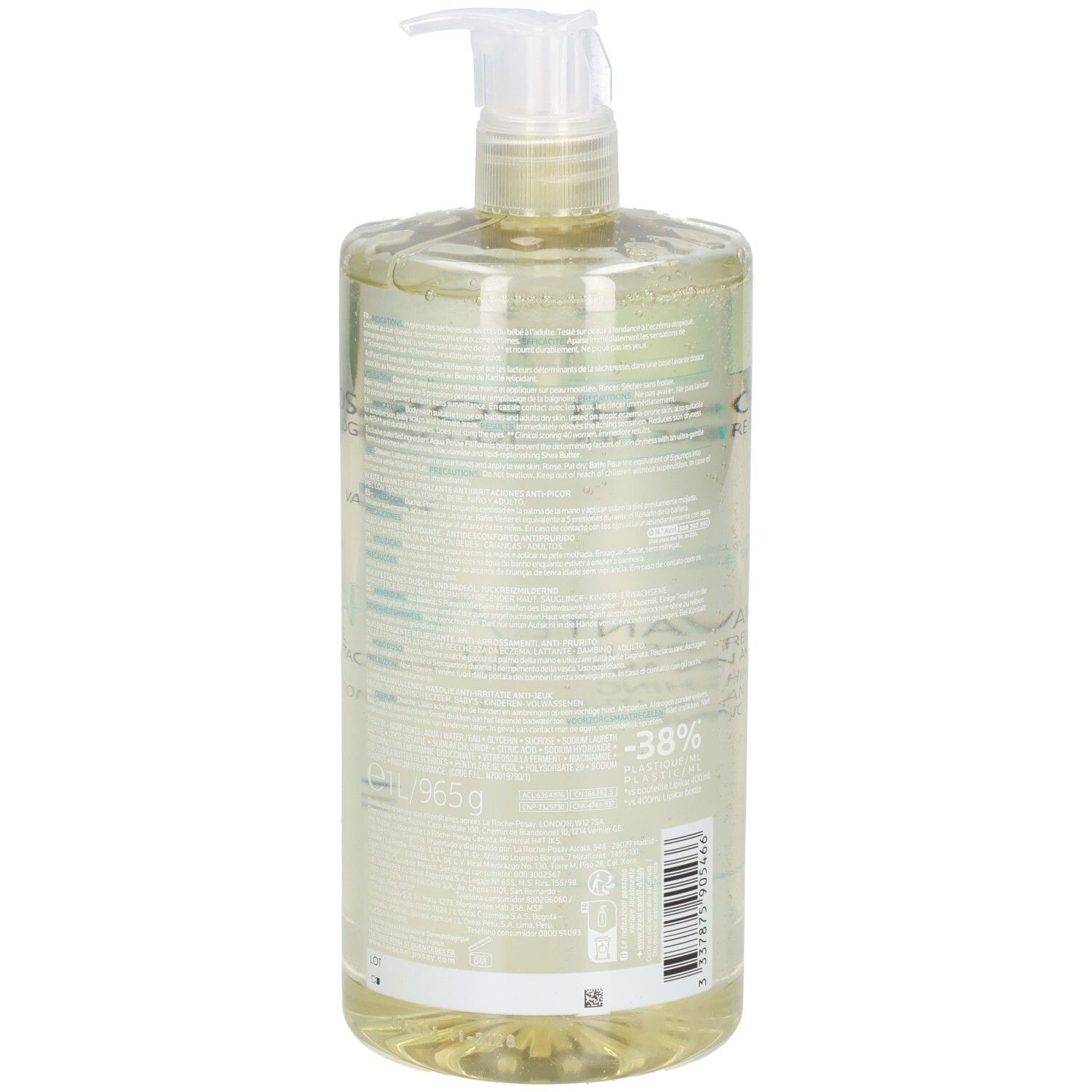 Rückseite einer transparenten Flasche mit Pumpe. Aufschrift: LIPIKAR, HUILE LAVANTE AP+. Mit Barcode und 965g.