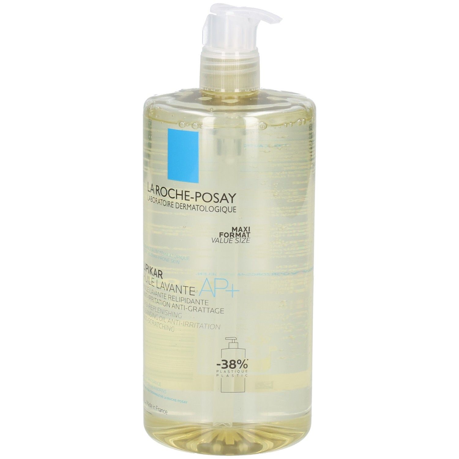 Transparente Flasche mit Pumpe. Aufschrift: LA ROCHE-POSAY, LIPIKAR, HUILE LAVANTE AP+. Enthält -38%. Maxi Format.