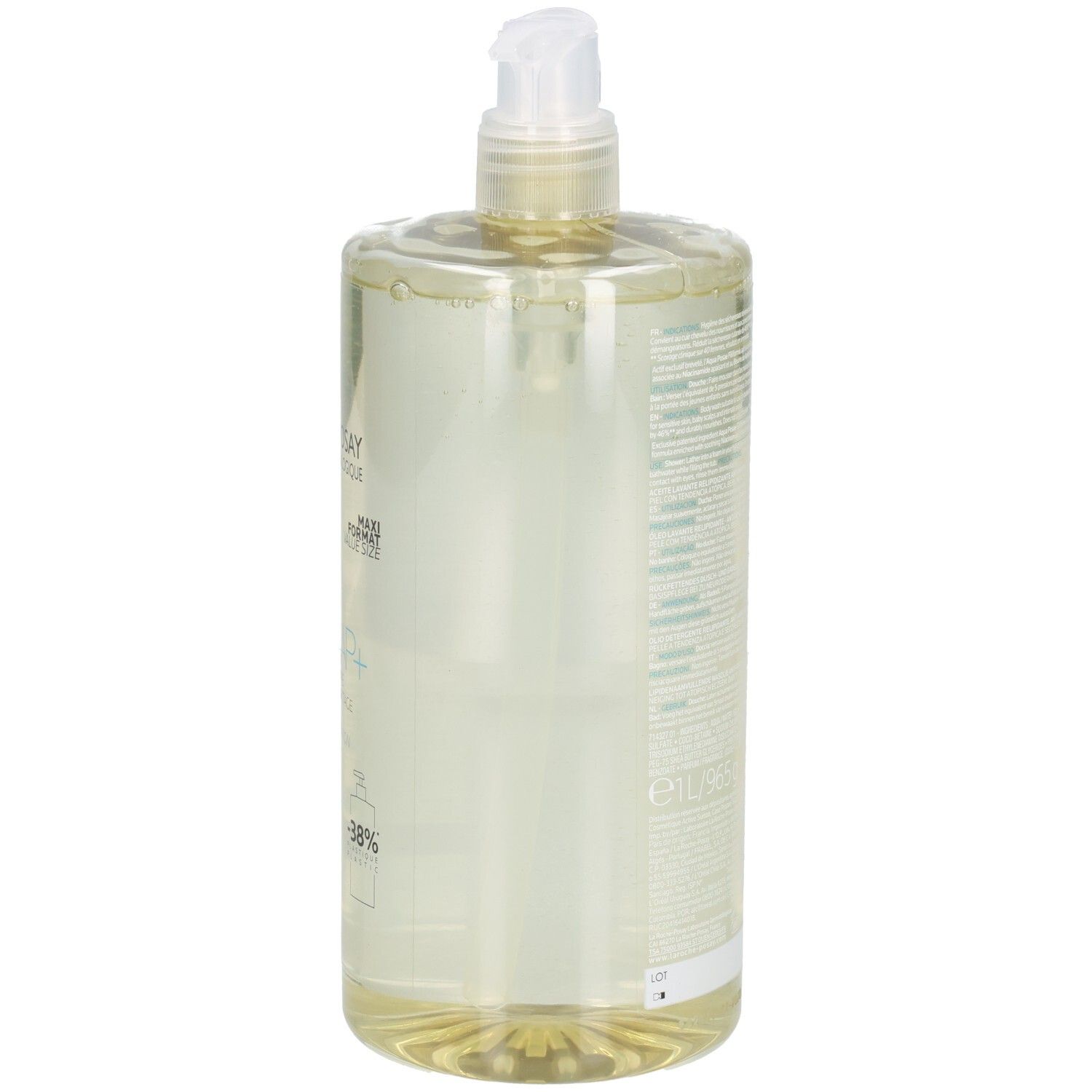 Transparente Flasche mit Pumpe. Aufschrift: LA ROCHE-POSAY, LIPIKAR, HUILE LAVANTE AP+. Mit 1L.