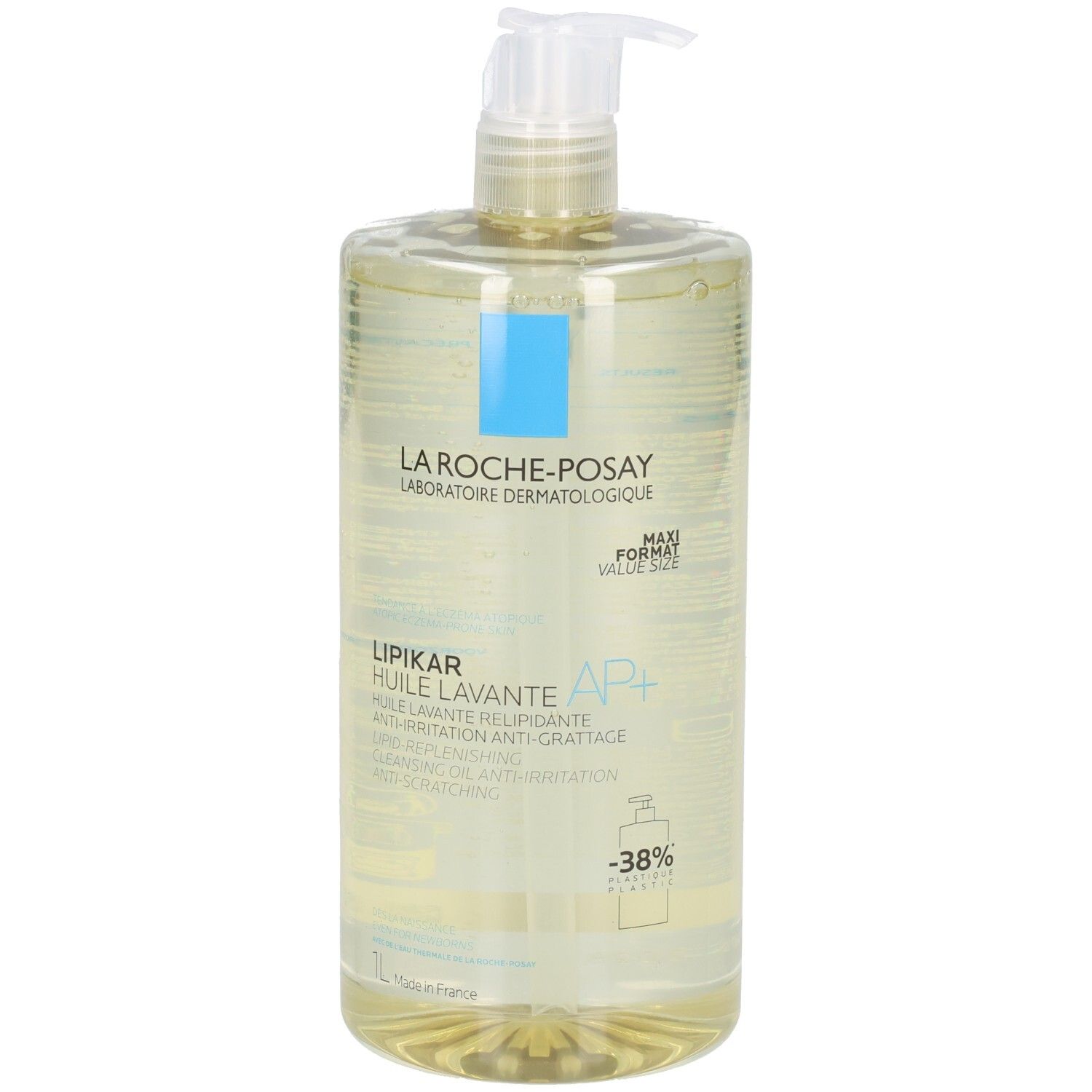 Transparente Flasche mit Pumpe. Aufschrift: LA ROCHE-POSAY, LIPIKAR, HUILE LAVANTE AP+. Mit 1L.