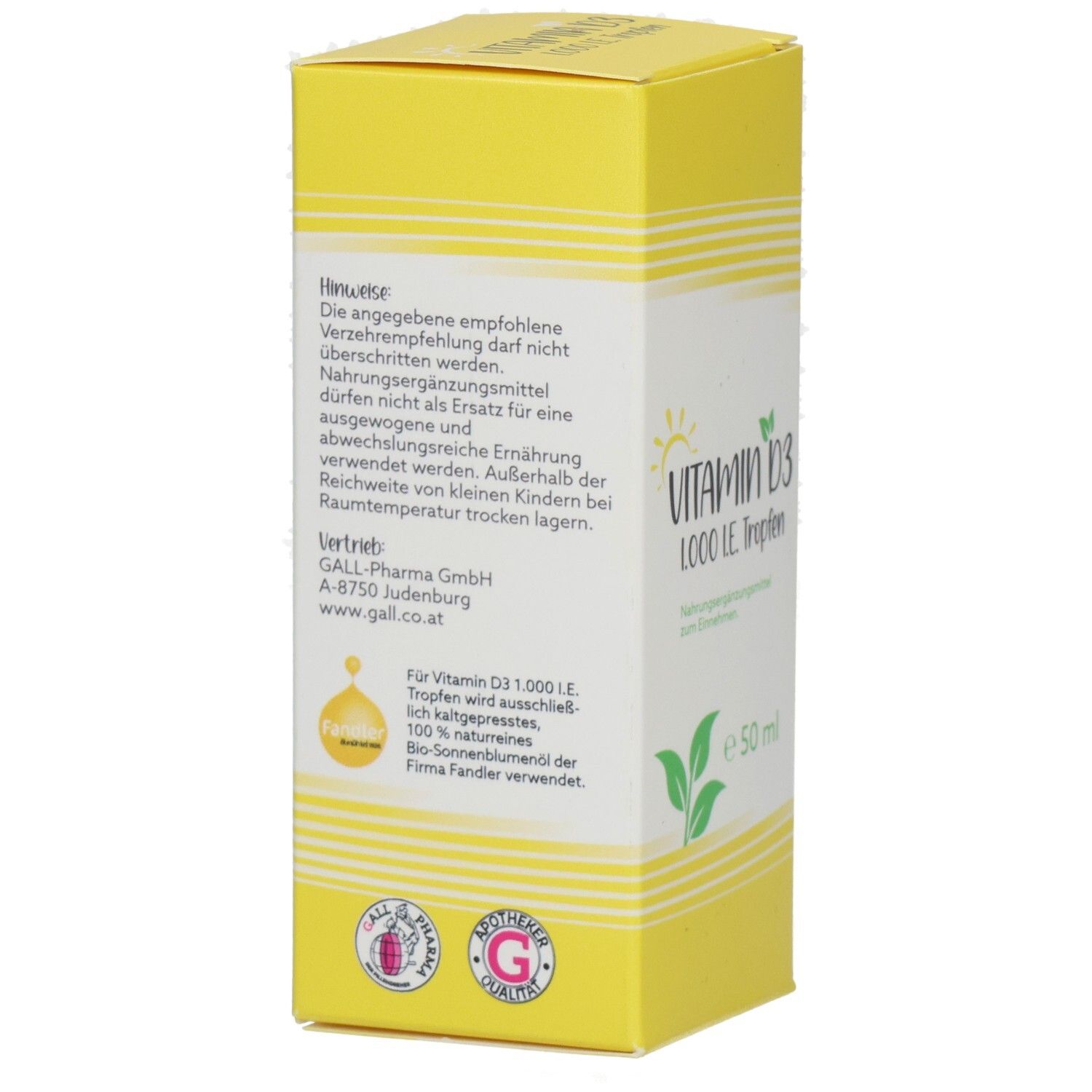 Gelbe Schachtel mit Text. Enthält Informationen zu Anwendung und Inhaltsstoffen. Mit Apotheken- und Qualitätszeichen.