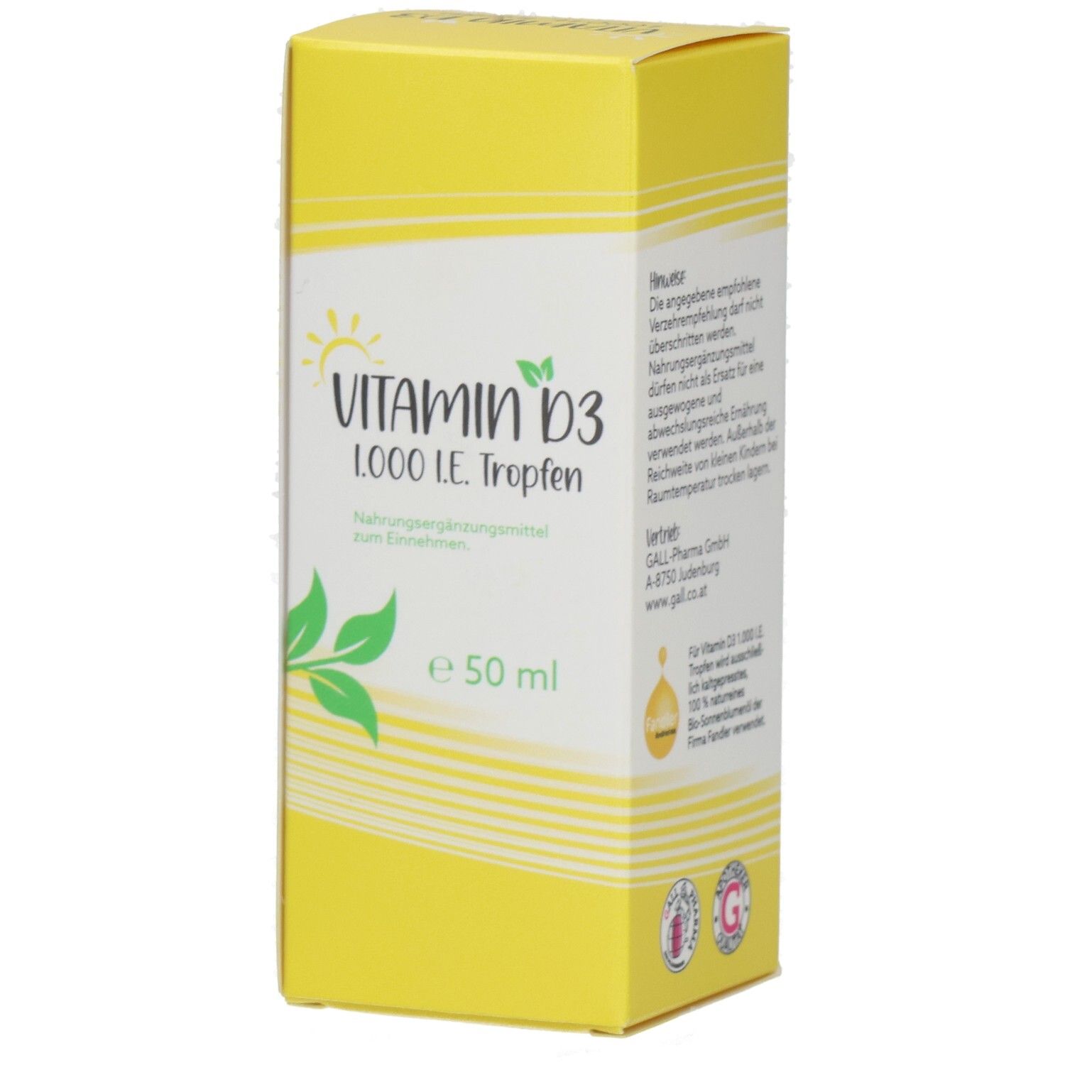 Gelbe Schachtel mit Aufschrift VITAMIN D3 1000 I.E. Tropfen. Enthält 50 ml. Nahrungsergänzungsmittel zum Einnehmen.