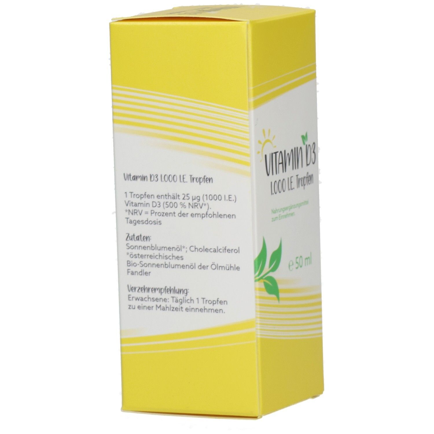 Gelbe Schachtel mit Text. Enthält Informationen zu Inhaltsstoffen und Dosierung. Mit Aufschrift VITAMIN D3 1000 I.E. Tropfen.