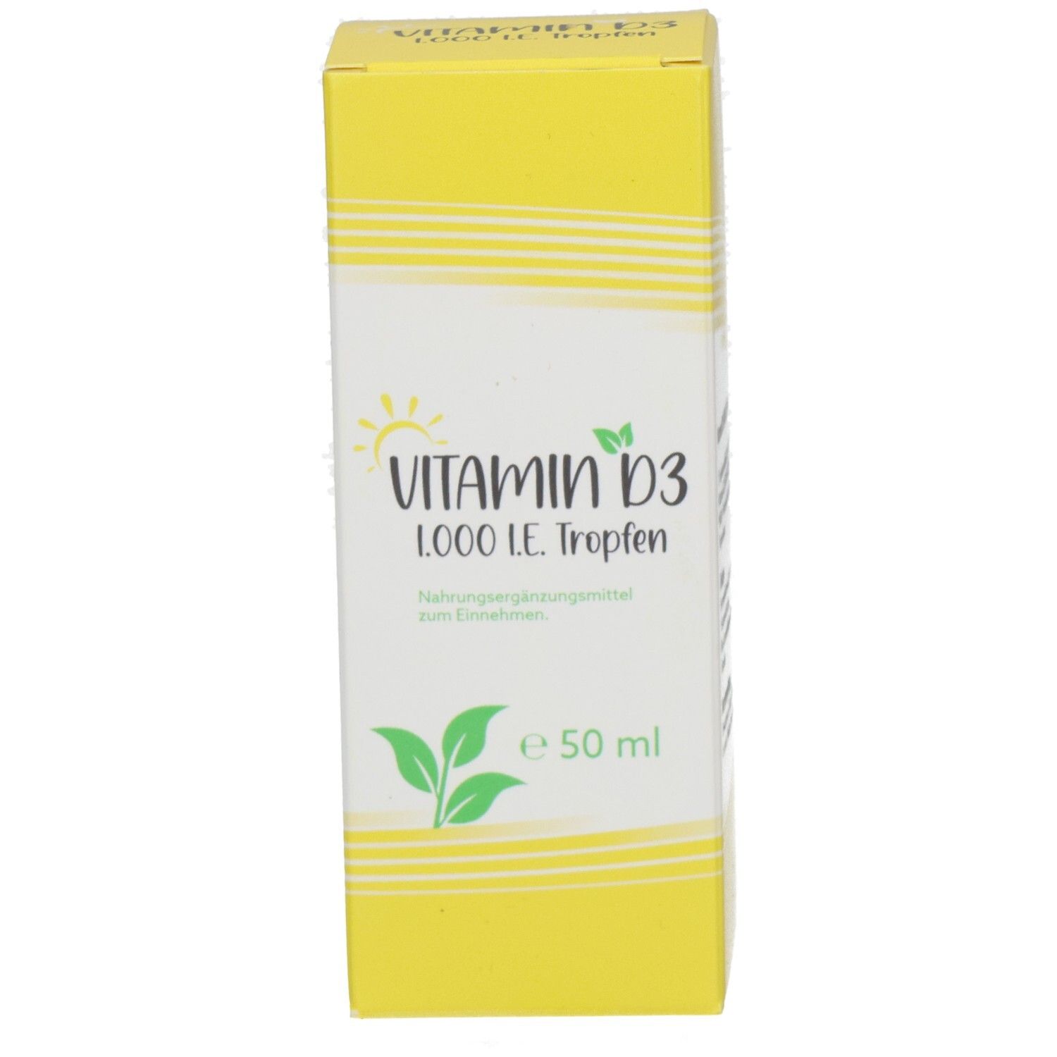 Gelbe Schachtel mit Aufschrift VITAMIN D3 1000 I.E. Tropfen. Enthält 50 ml. Nahrungsergänzungsmittel zum Einnehmen.