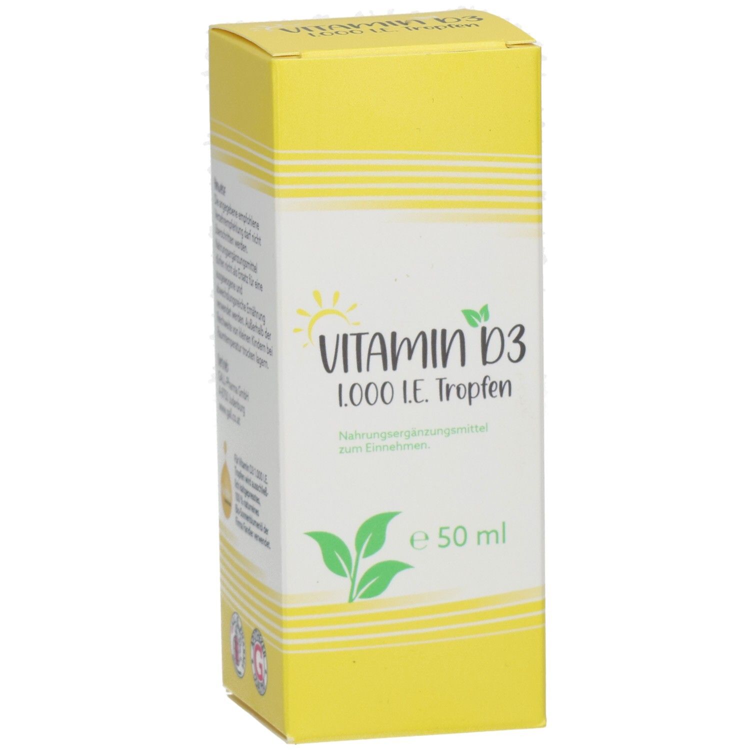 Gelbe Schachtel mit Aufschrift VITAMIN D3 1000 I.E. Tropfen. Enthält 50 ml. Nahrungsergänzungsmittel zum Einnehmen.