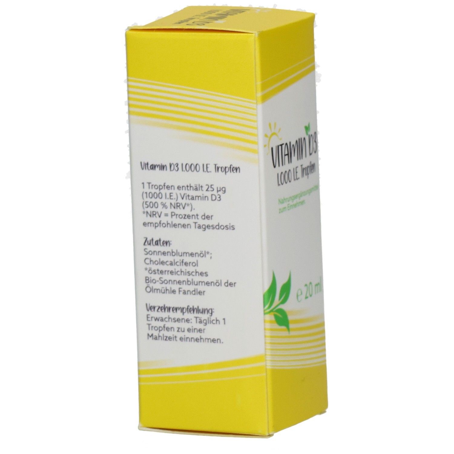Schachtel Vitamin D3 1000 I.E. Tropfen. Text: 1 Tropfen enthält 25 µg Vitamin D3. Zutaten: Sonnenblumenöl, Cholecalciferol.