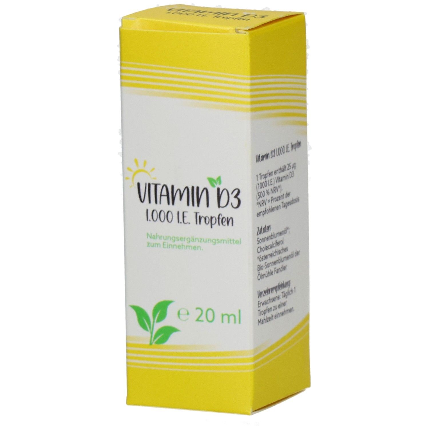 Gelbe Schachtel mit Vitamin D3 1000 I.E. Tropfen. Aufschrift: Vitamin D3, 20 ml. Grün-gelbes Design mit Blättern und Sonne.