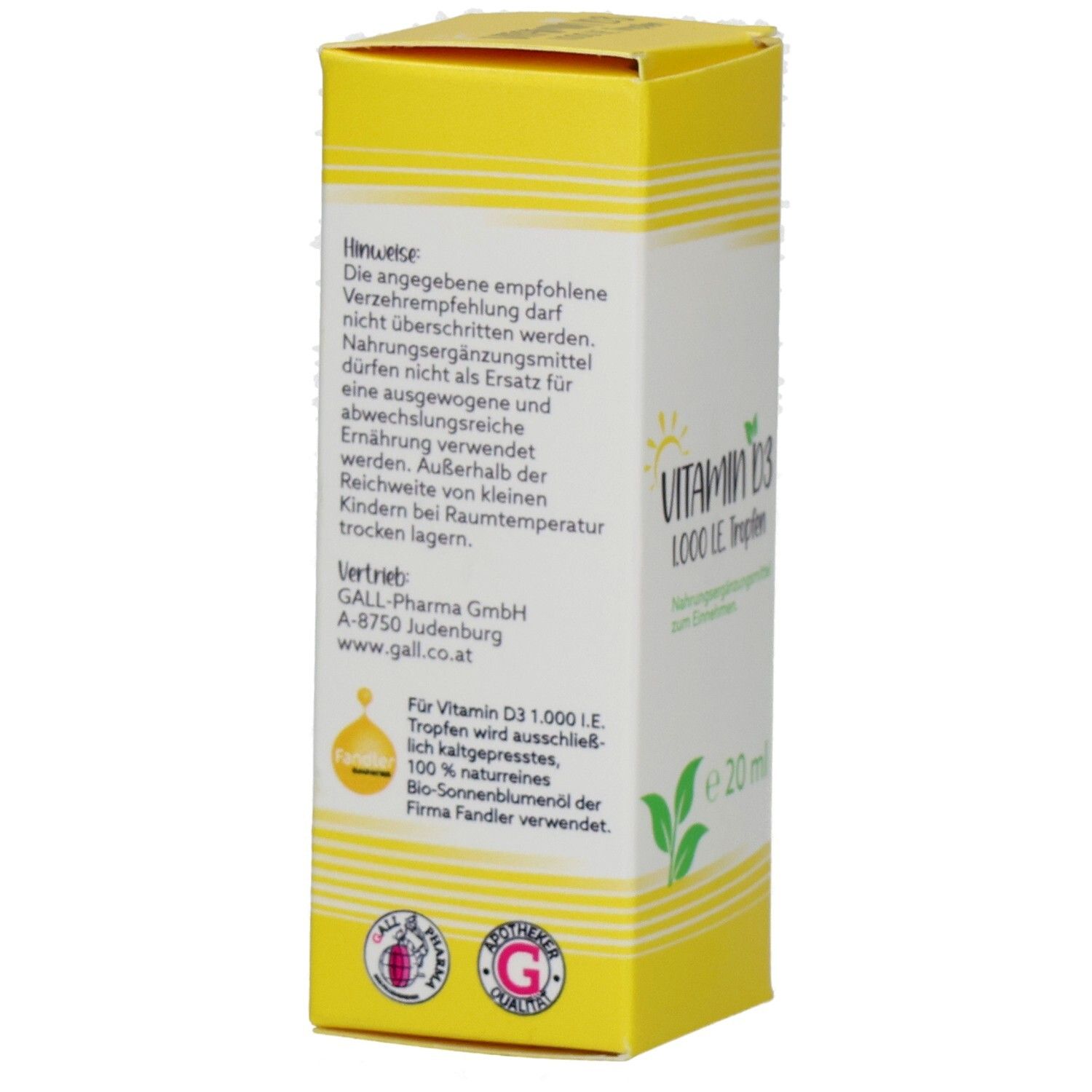 Gelbe Schachtel mit Vitamin D3 1000 I.E. Tropfen. Text: Hinweise, Vertrieb: GALL-Pharma GmbH. Zertifizierungen.