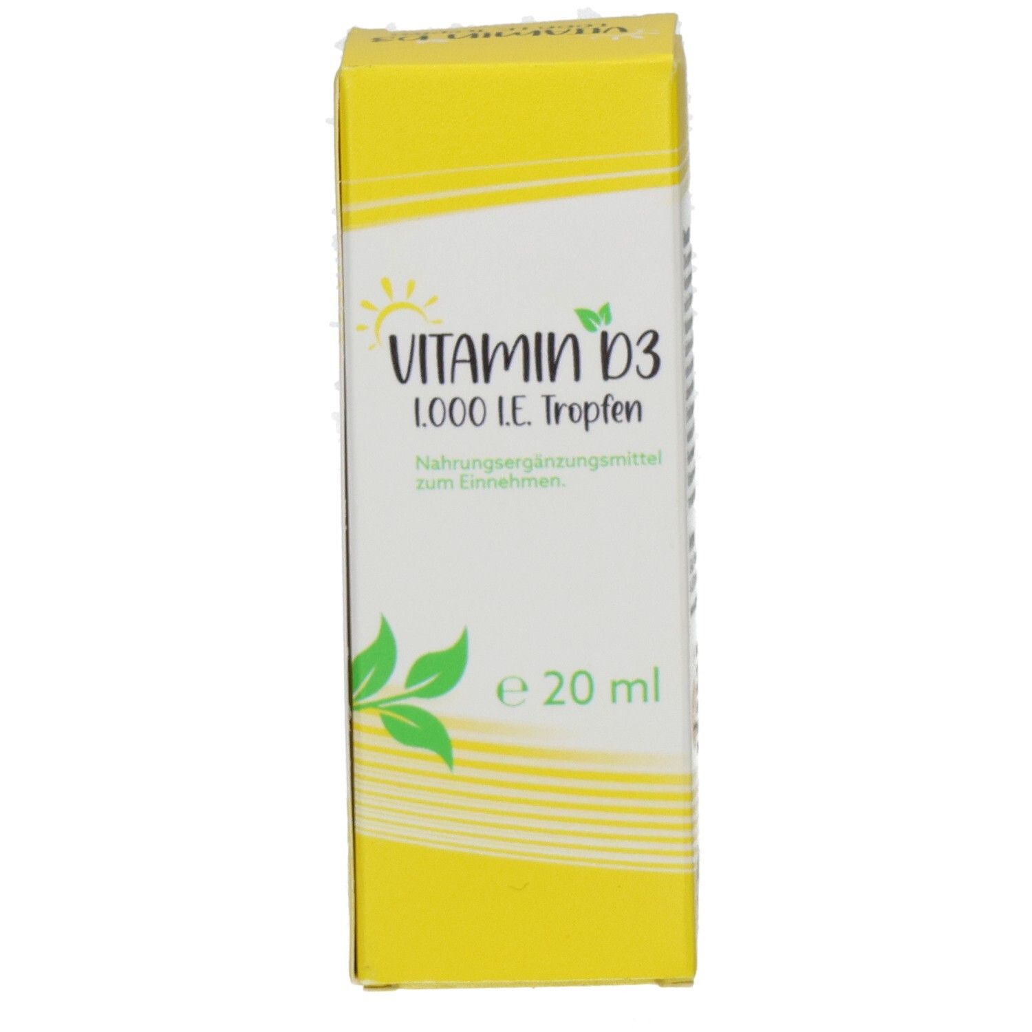 Gelbe Schachtel mit Vitamin D3 1000 I.E. Tropfen. Aufschrift: Vitamin D3, 20 ml. Grün-gelbes Design mit Blättern und Sonne.